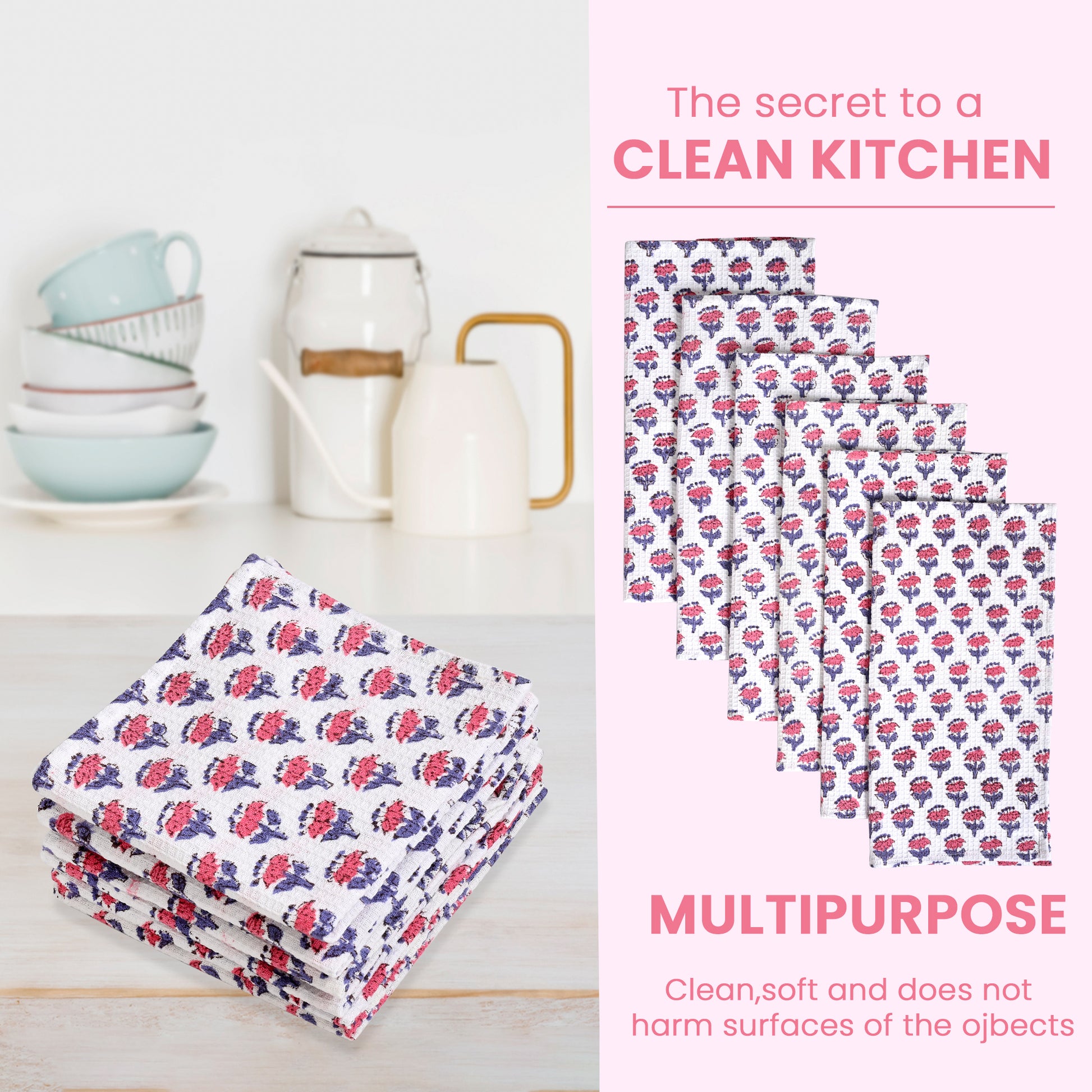 Hand Block Printed Waffle Kitchen Towels – Pink Sapphire