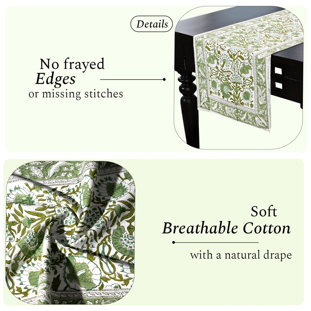 Cotton Block Print Table Runner - Agate Green