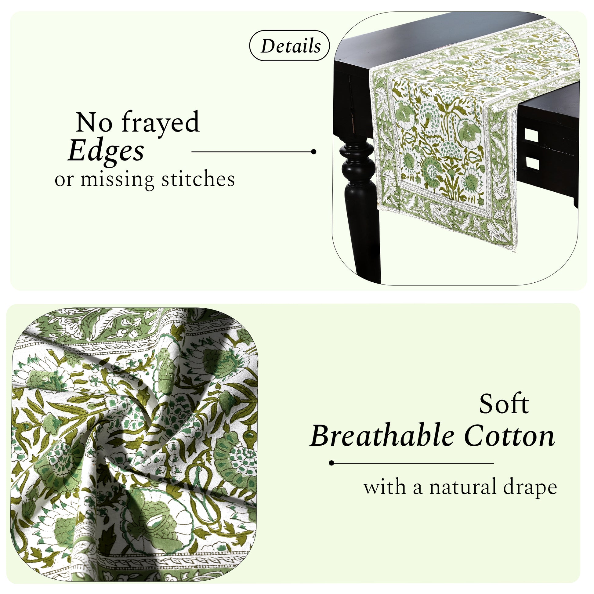 Cotton Block Print Table Runner - Agate Green