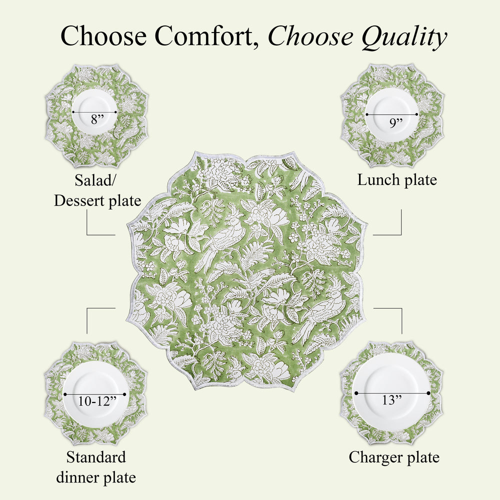 Sage green placemat with soft scalloped border and threadwork