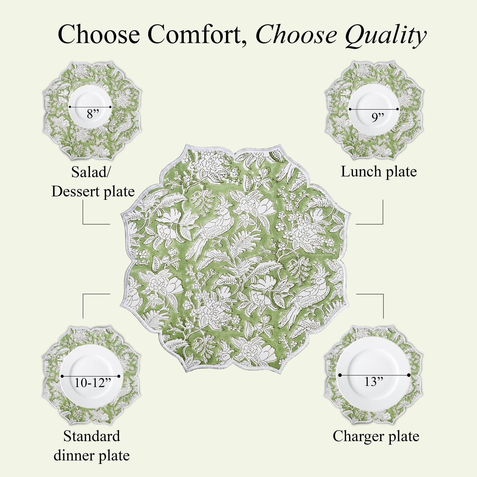 Sage green placemat with soft scalloped border and threadwork
