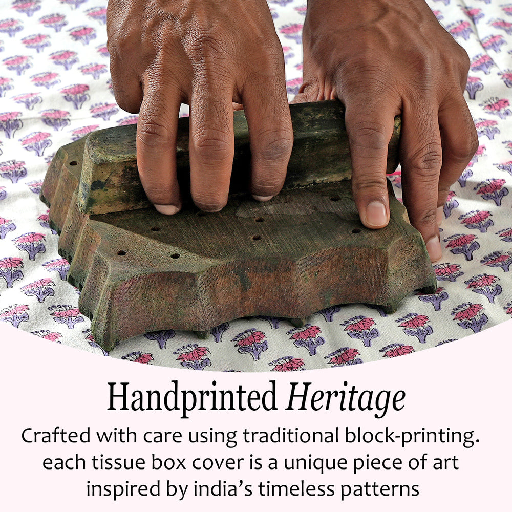 100% Cotton Hand Block Printed Tissue Box Cover - Pink Sapphire
