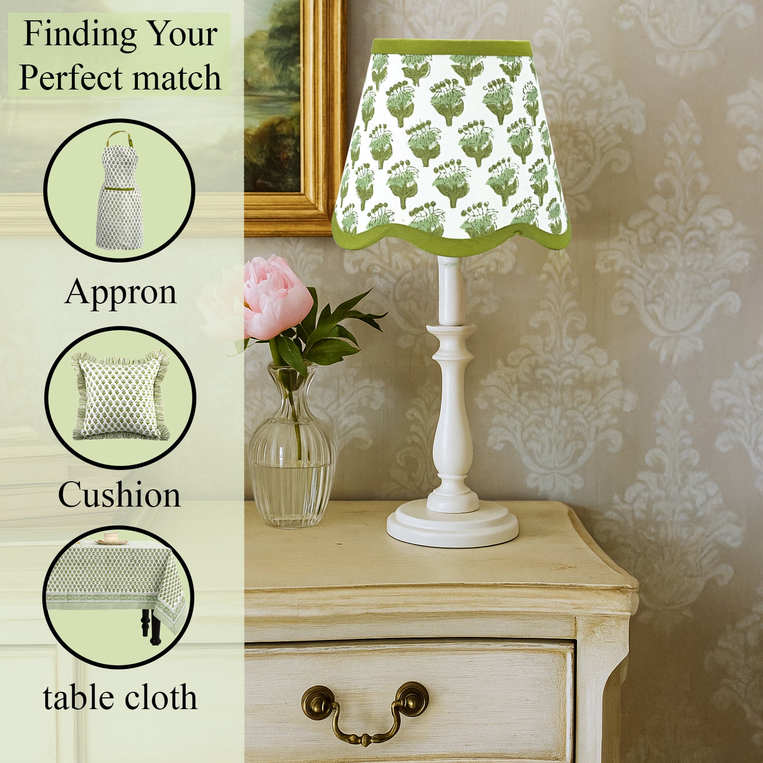 Hand Block Printed Cotton Lampshade – Scallop Floral Emerald Green