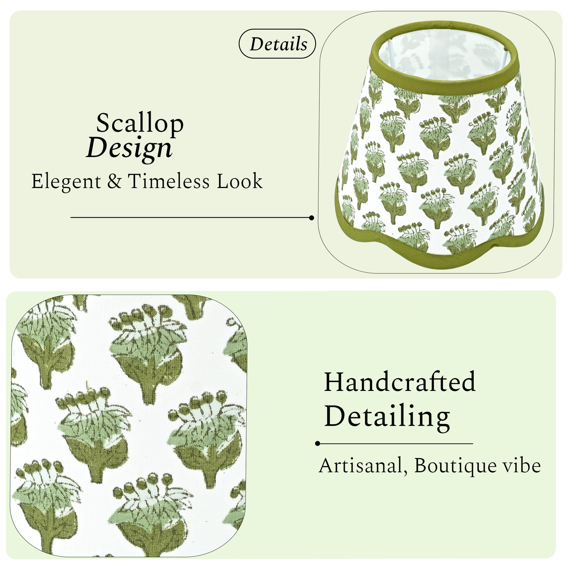 Hand Block Printed Cotton Lampshade – Scallop Floral Emerald Green