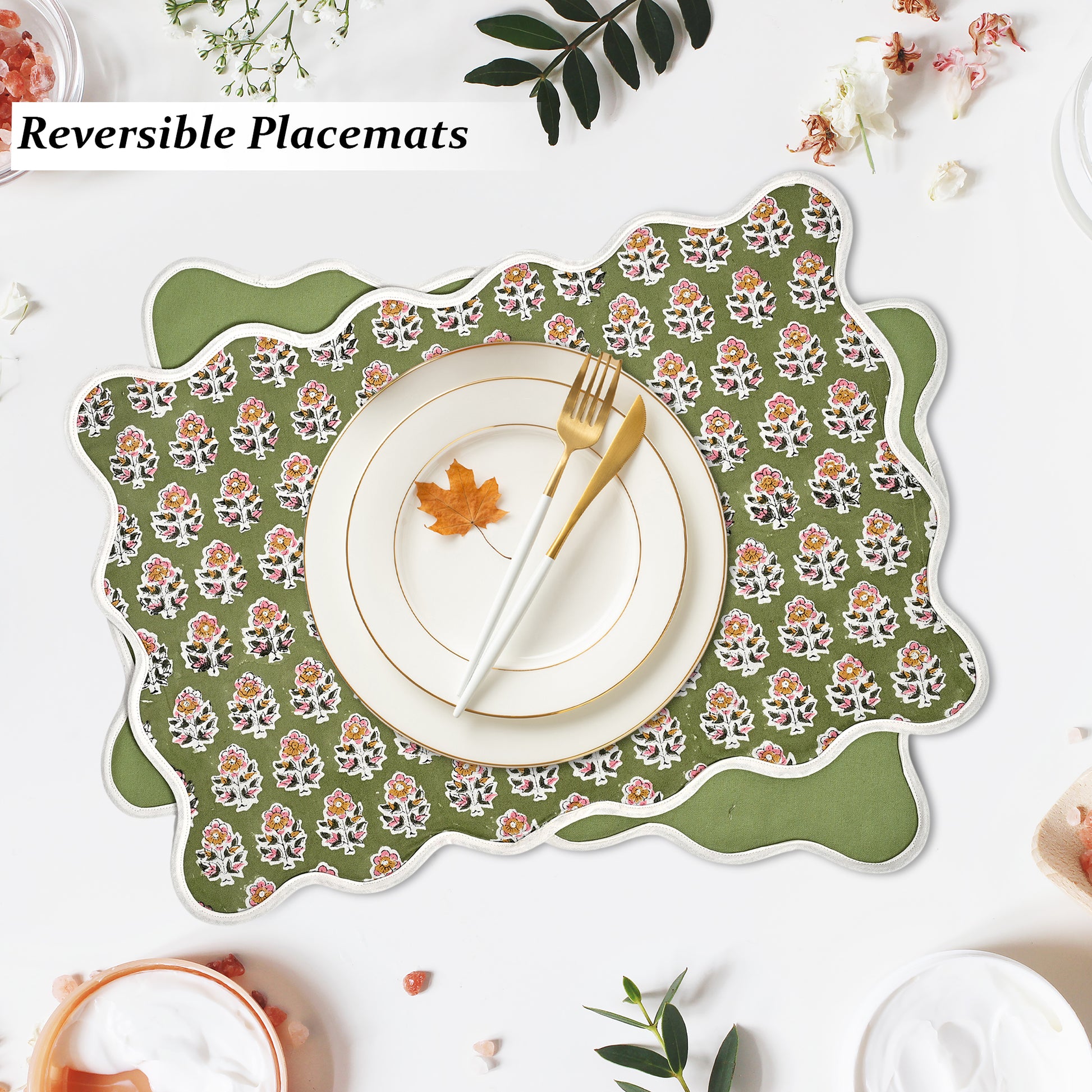 Rectangle 100% Cotton Reversible Placemat Set – Jade Green