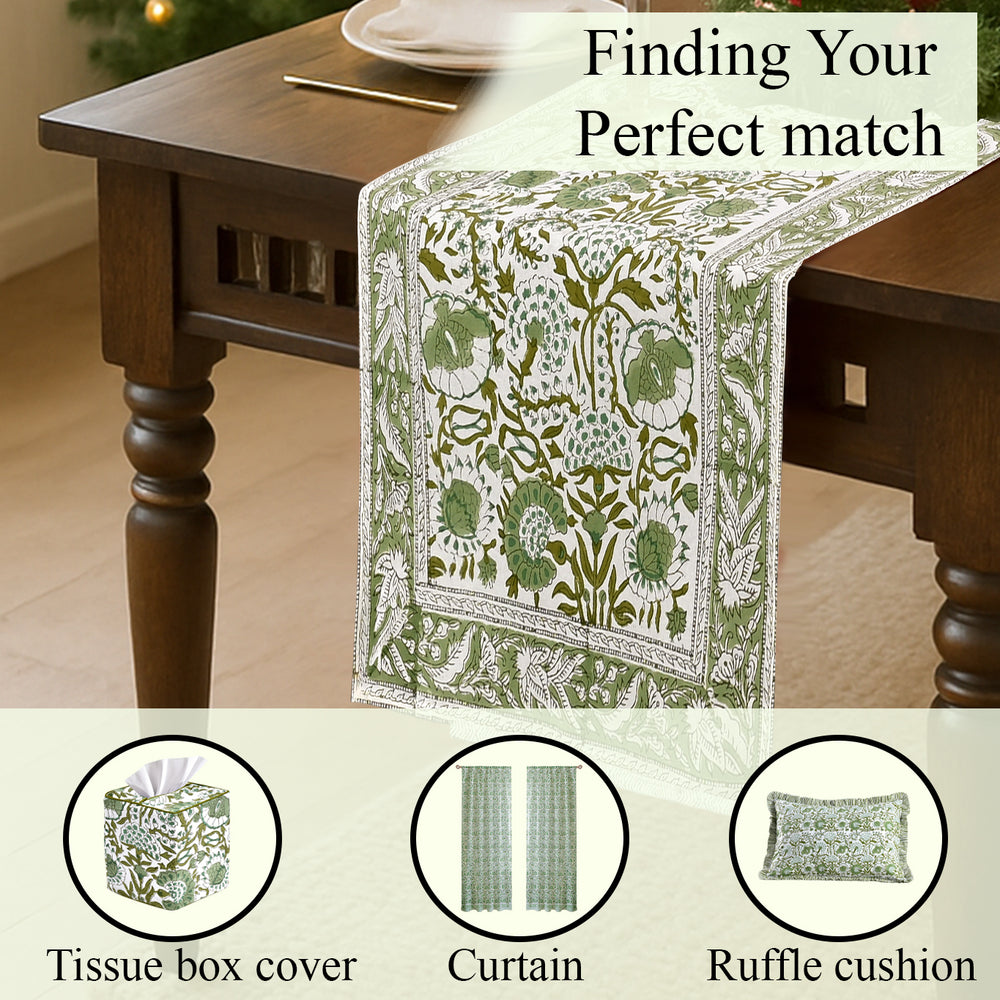 Cotton Block Print Table Runner - Agate Green