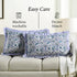 Decorative pillows with blue floral patterns on a beige couch, featuring text about care instructions.