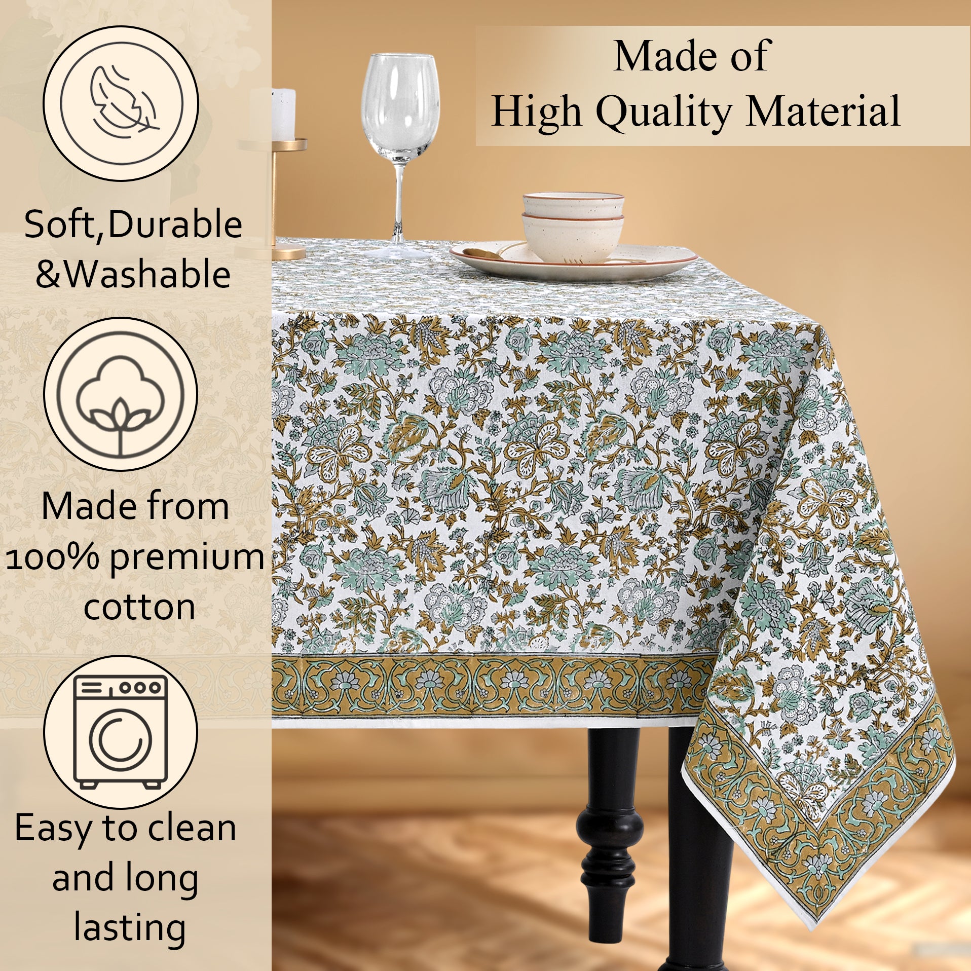 blue and green floral 100% cotton tablecloth