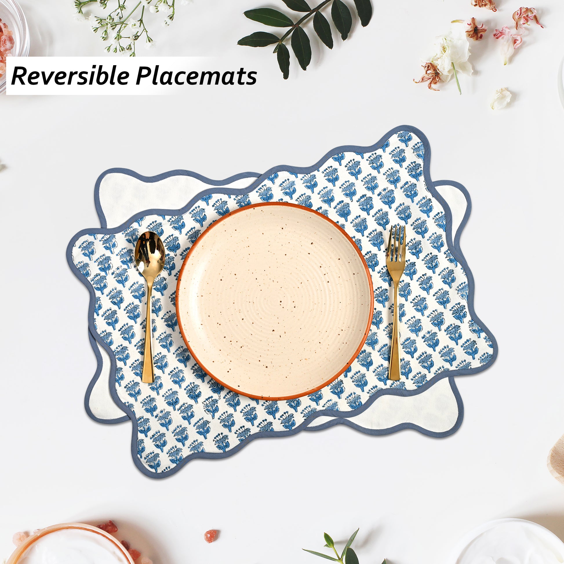 Rectangle 100% Cotton Reversible Placemat Set – Apatite Blue