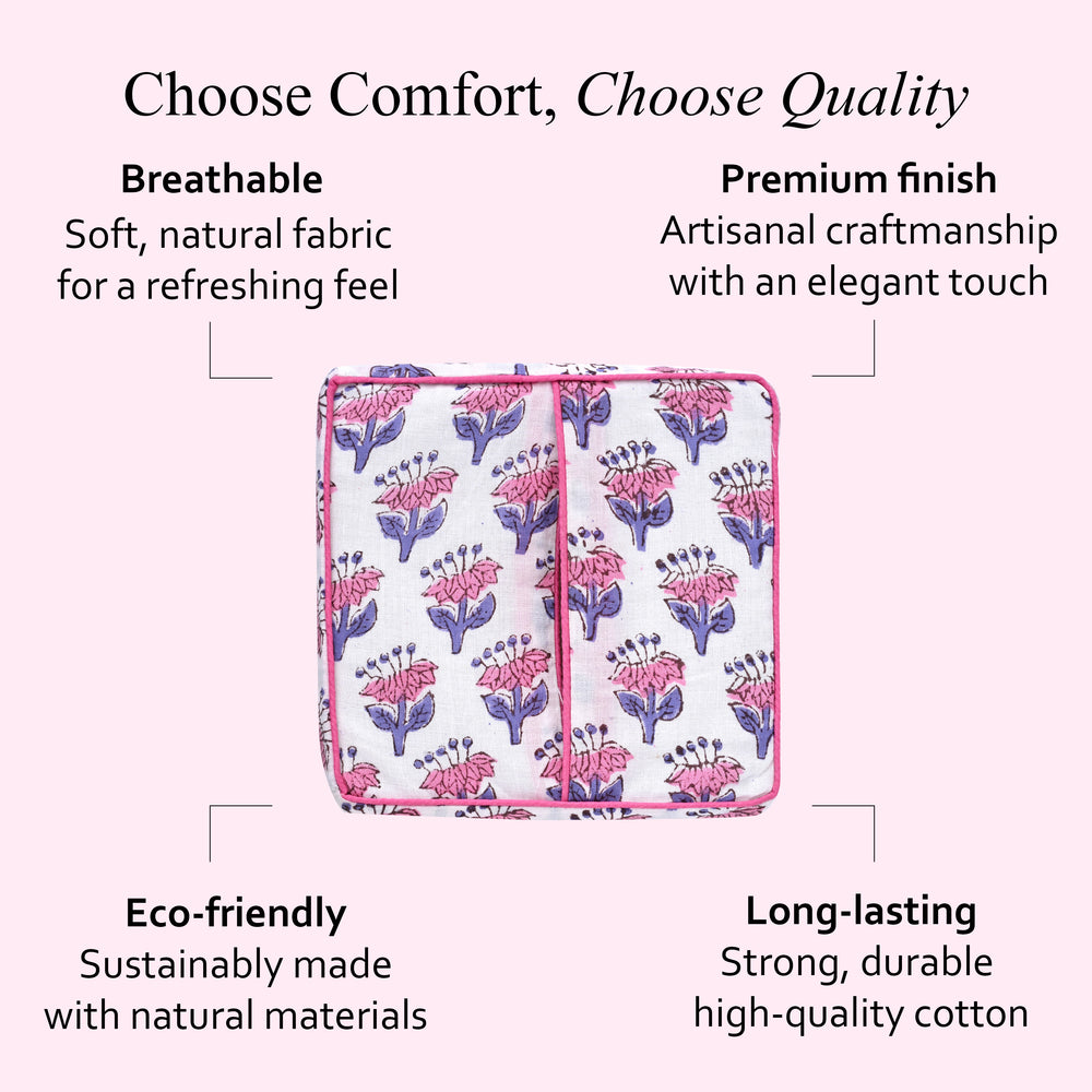 100% Cotton Hand Block Printed Tissue Box Cover - Pink Sapphire