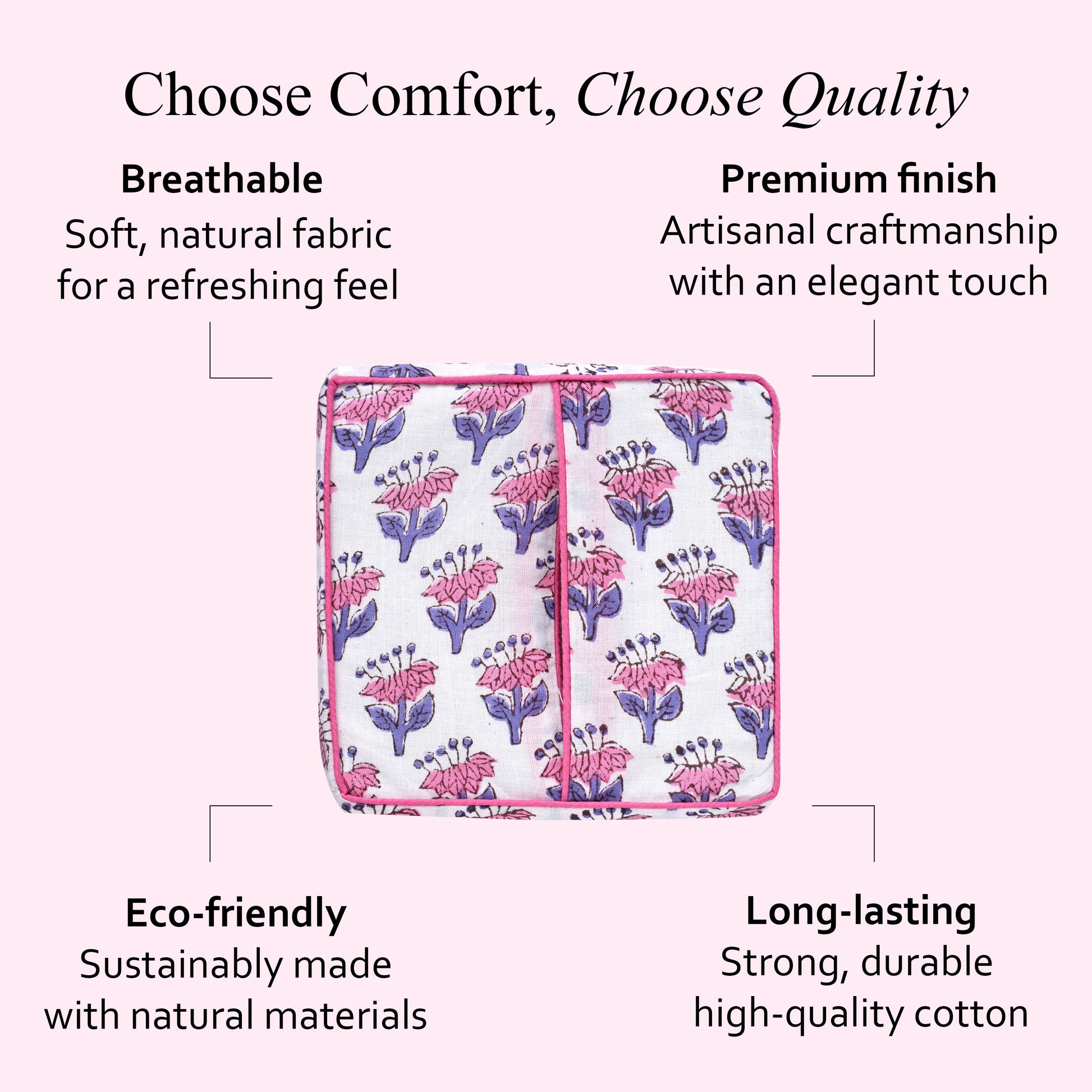 100% Cotton Hand Block Printed Tissue Box Cover - Pink Sapphire