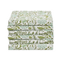 Stack of neatly folded green floral napkins on a white background.