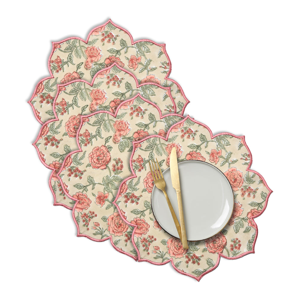 Bright orange fire opal rose print cotton placemat with embroidery