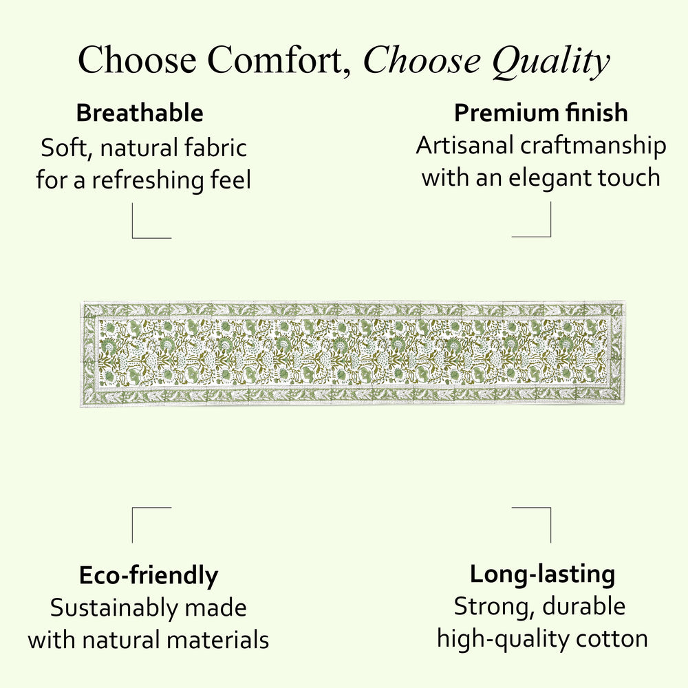 Cotton Block Print Table Runner - Agate Green