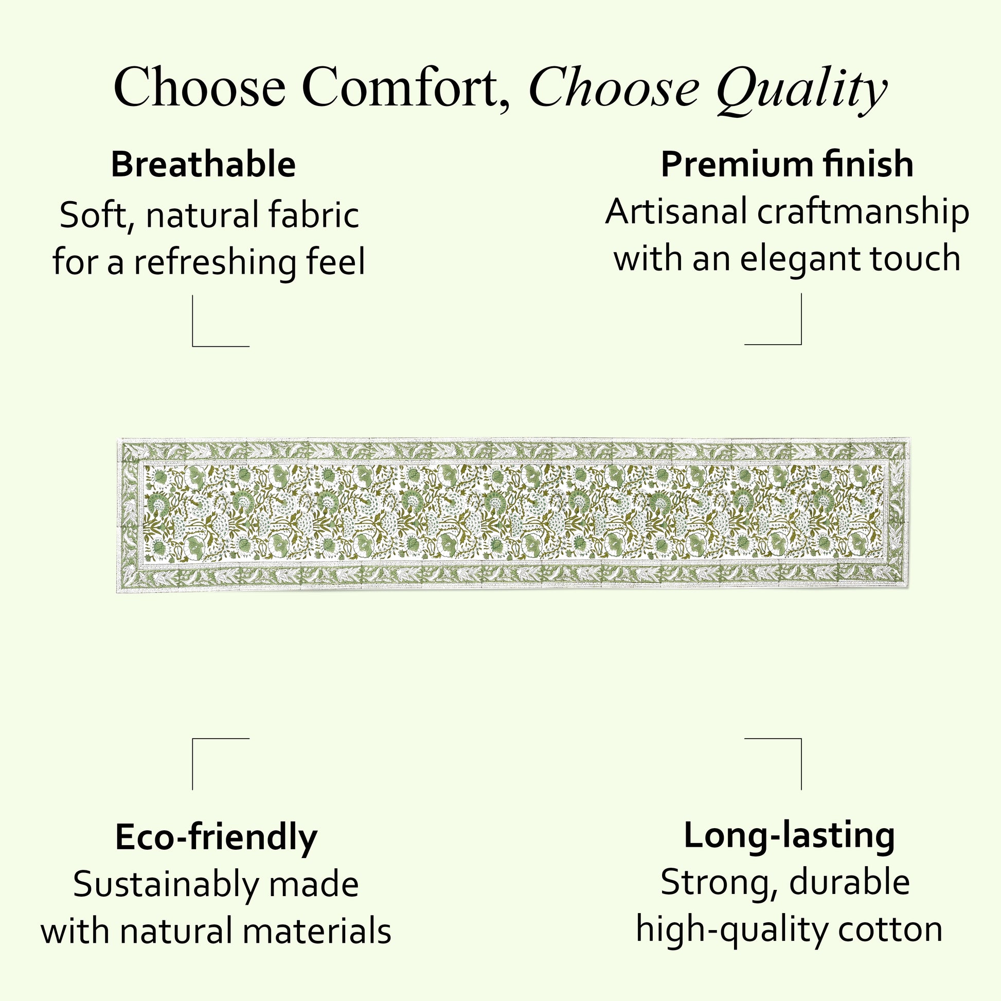 Cotton Block Print Table Runner - Agate Green