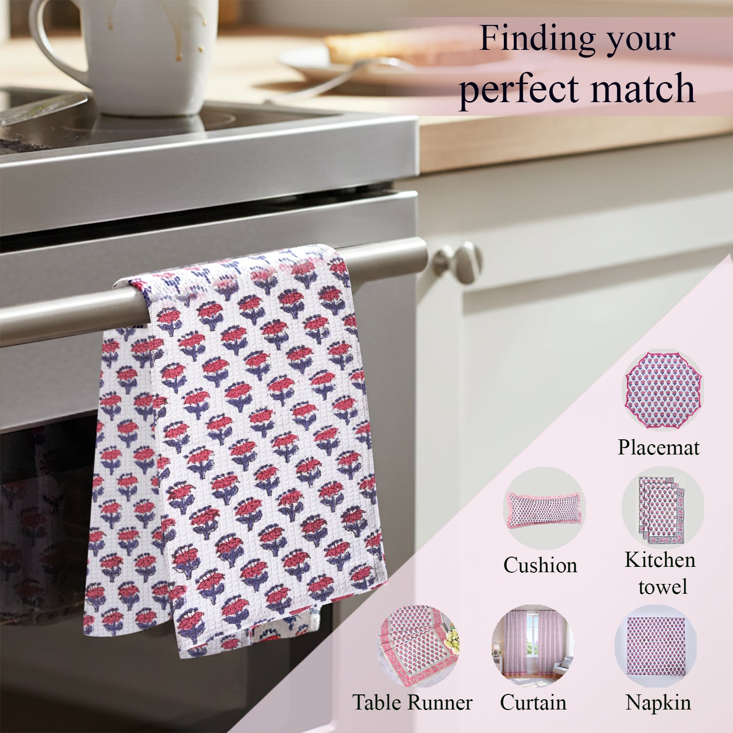 Hand Block Printed Waffle Kitchen Towels – Pink Sapphire