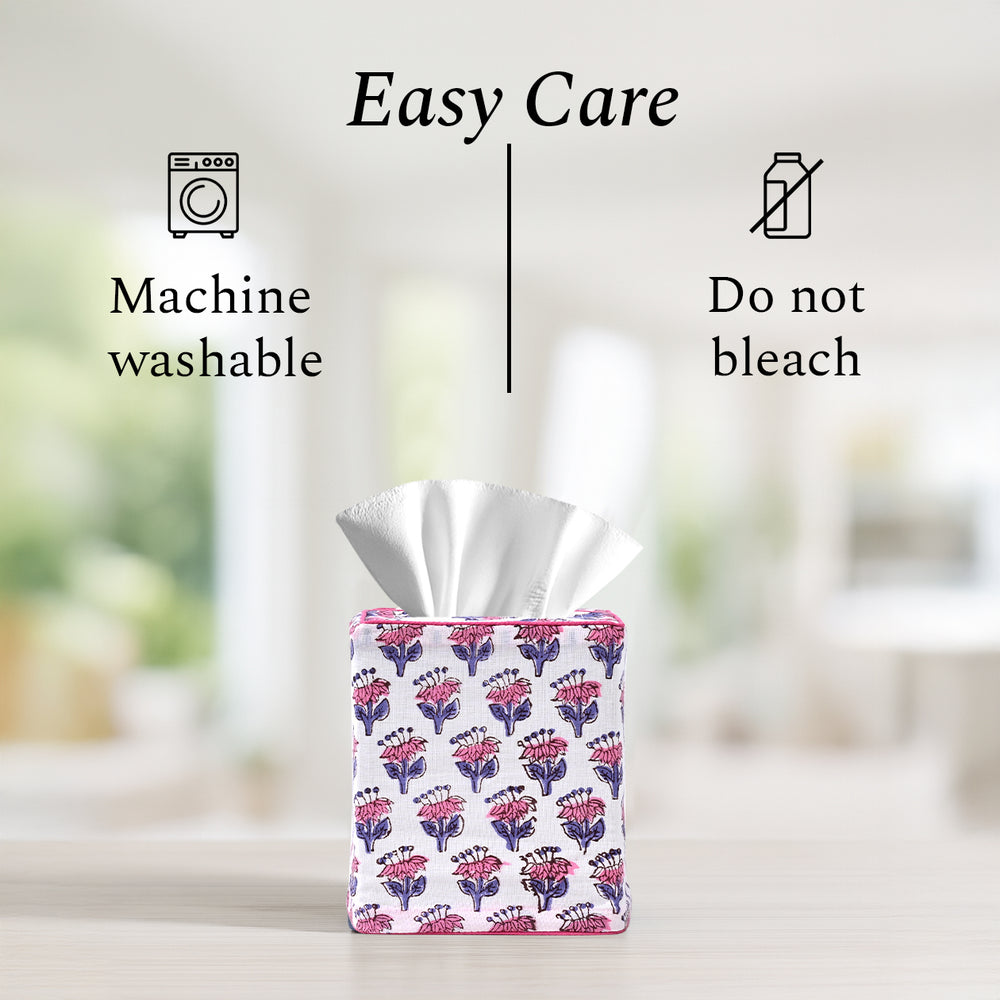 100% Cotton Hand Block Printed Tissue Box Cover - Pink Sapphire