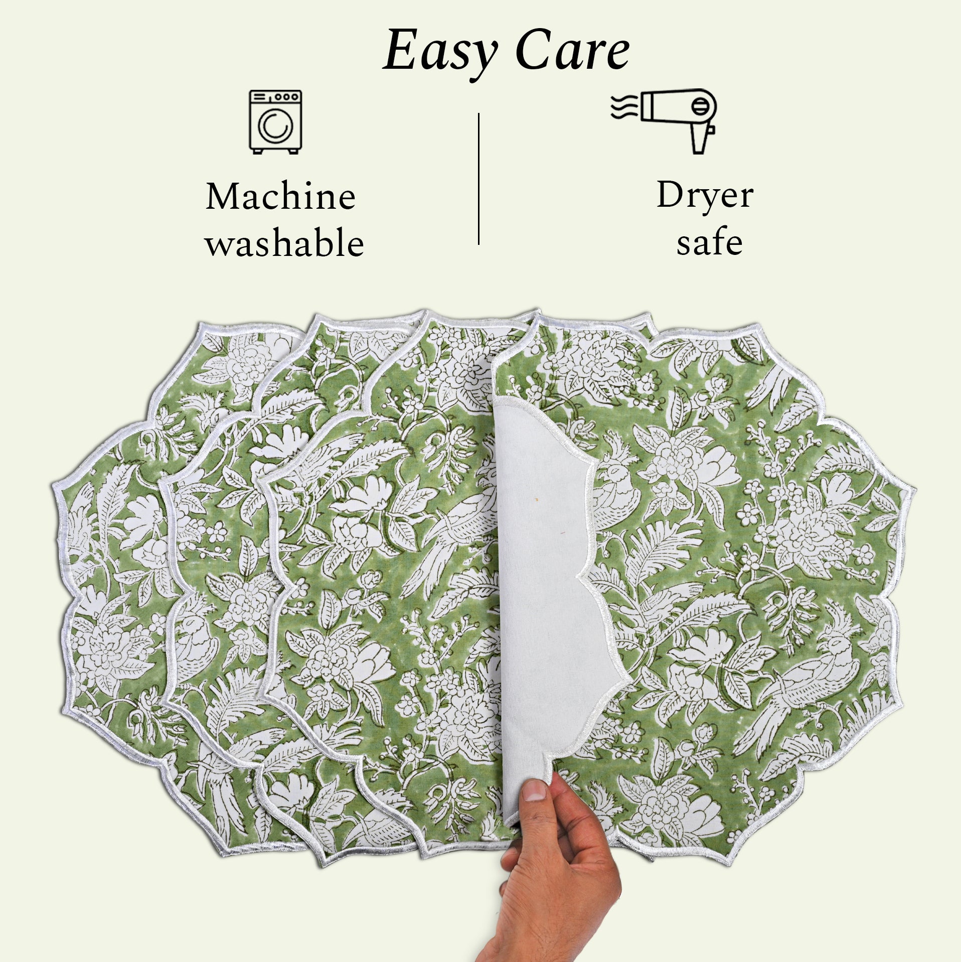 machine washable and dryer safe Embroidered sage placemat with elegant stitched detailing