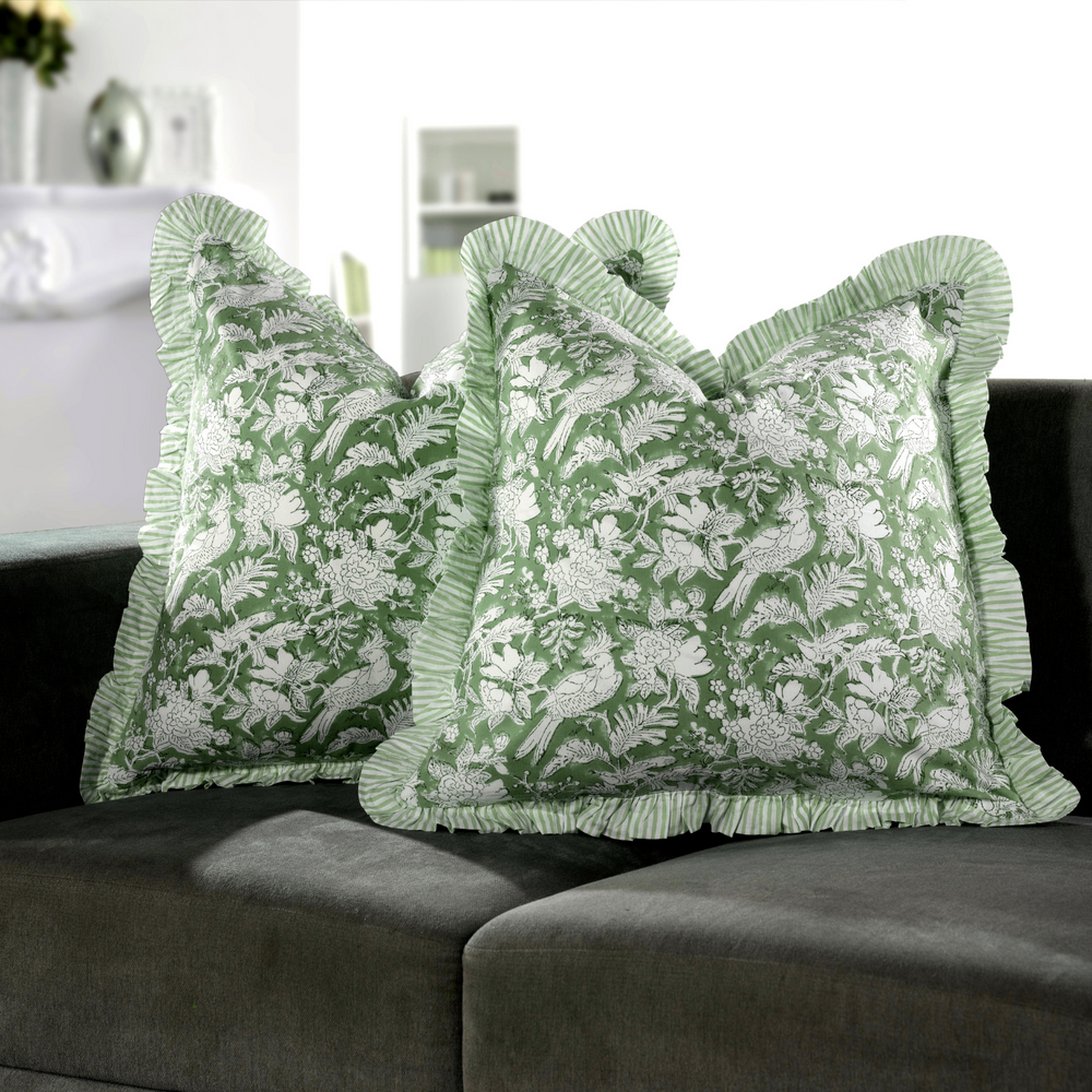 Ruffle Throw Pillow Covers -  Olive Green