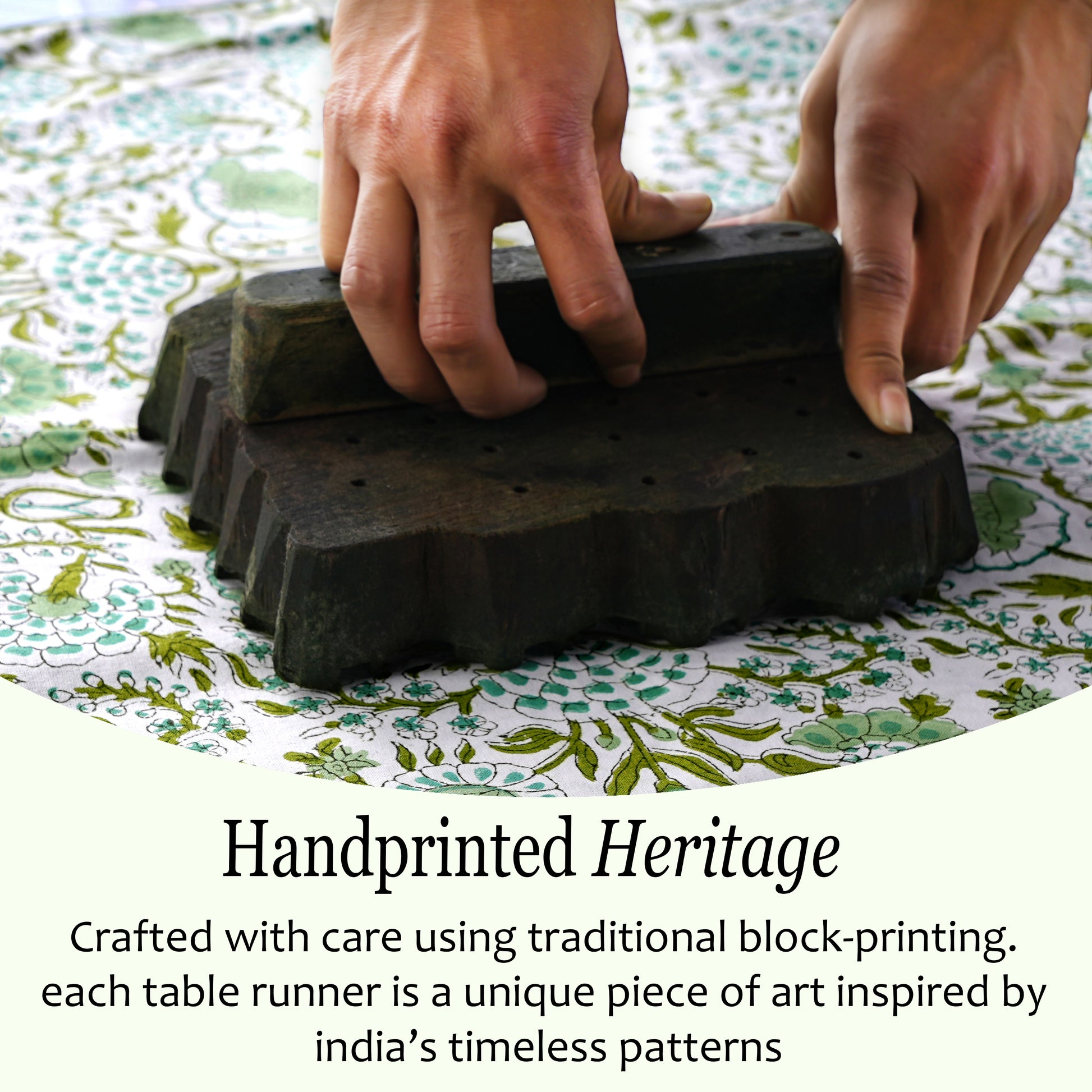 Cotton Block Print Table Runner - Agate Green