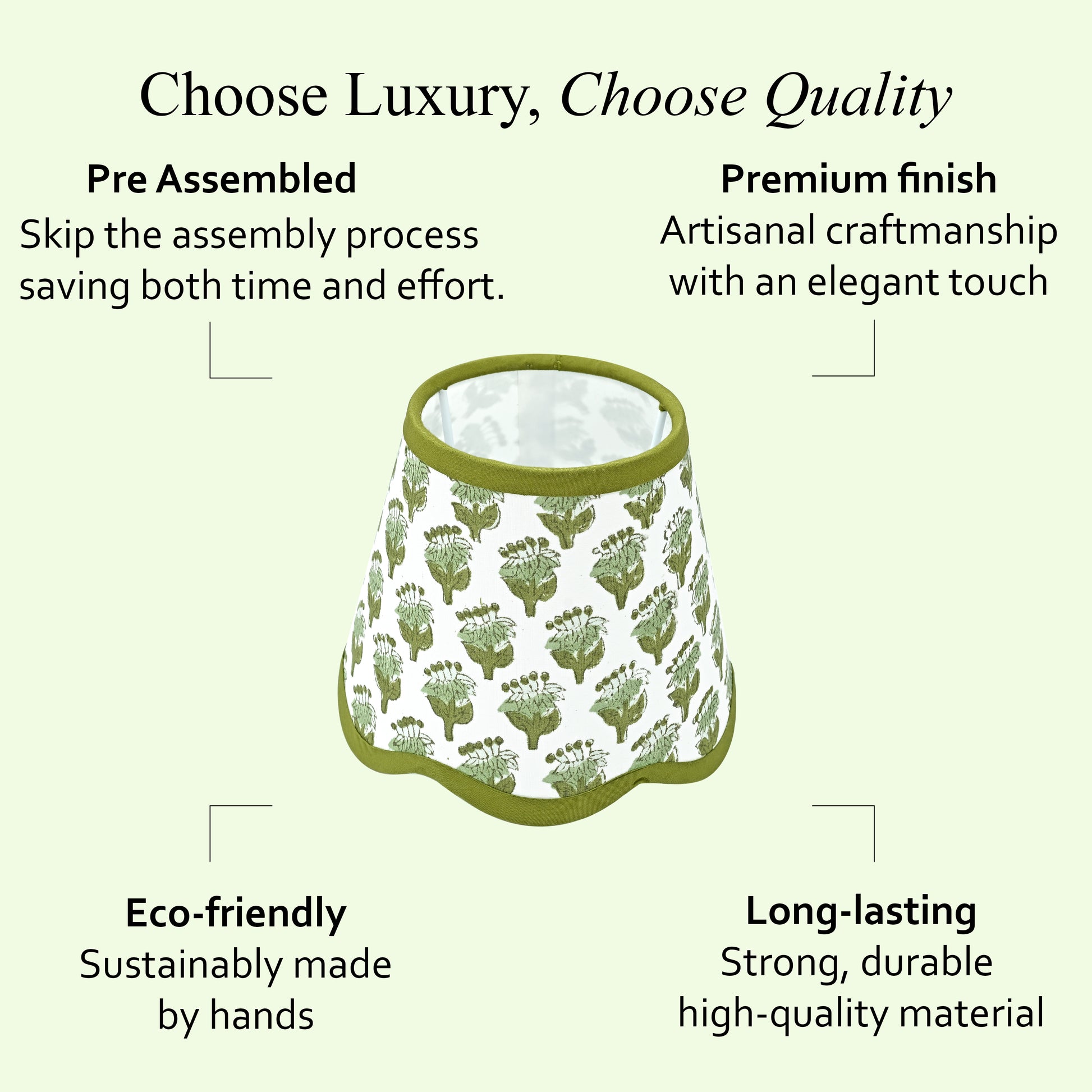 Hand Block Printed Cotton Lampshade – Scallop Floral Emerald Green