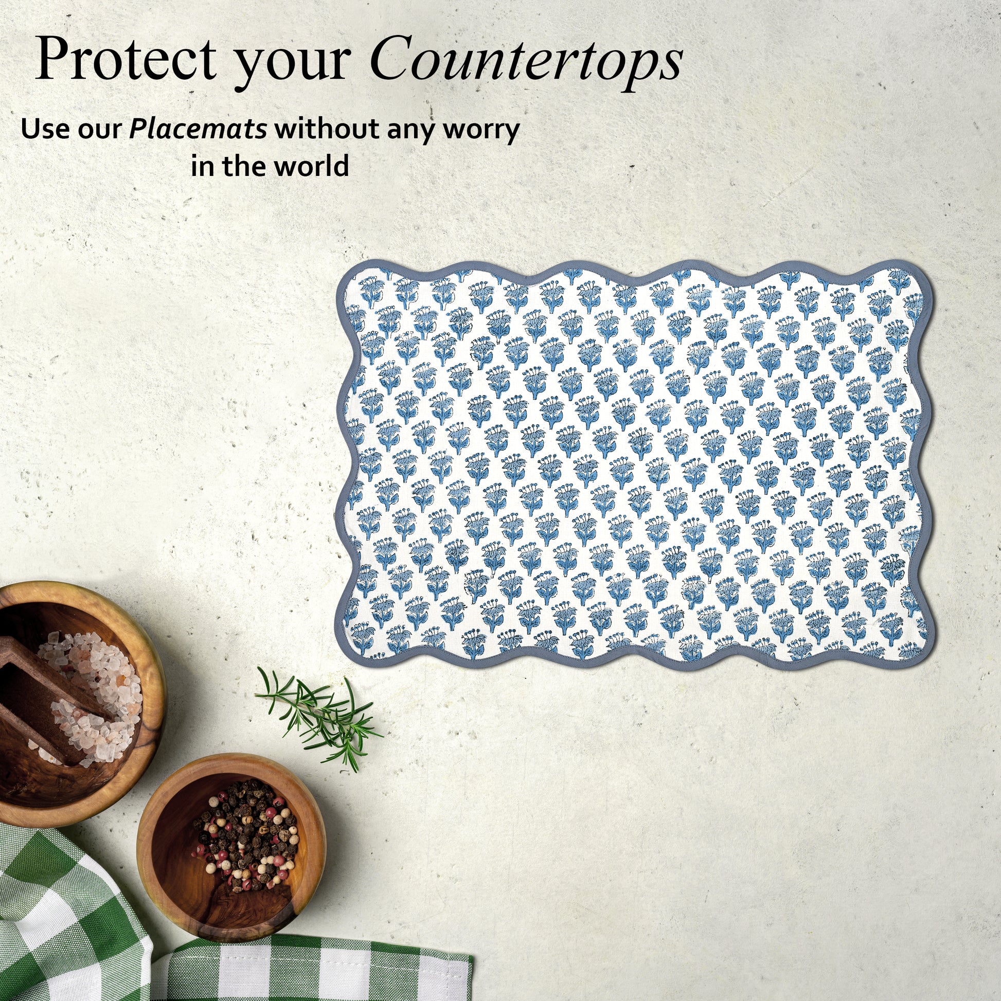 Rectangle 100% Cotton Reversible Placemat Set – Apatite Blue