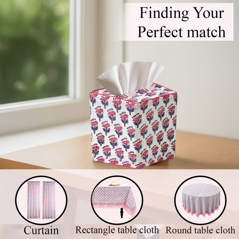 100% Cotton Hand Block Printed Tissue Box Cover - Pink Sapphire