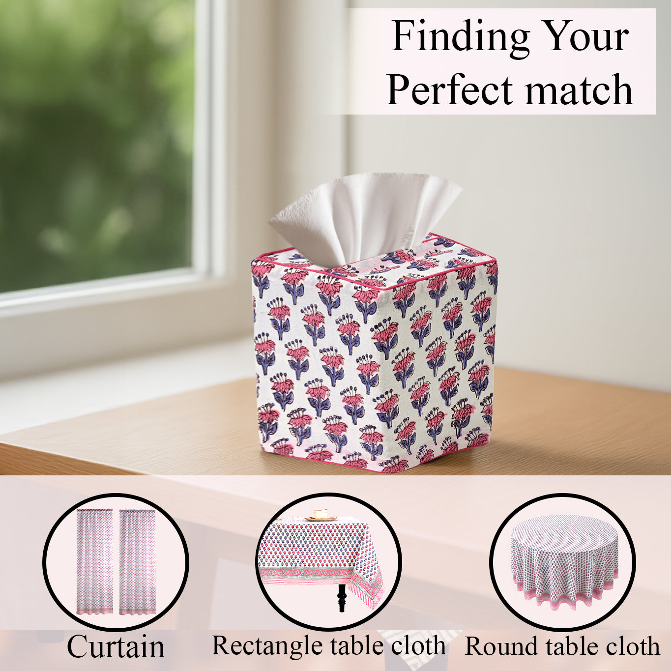 100% Cotton Hand Block Printed Tissue Box Cover - Pink Sapphire