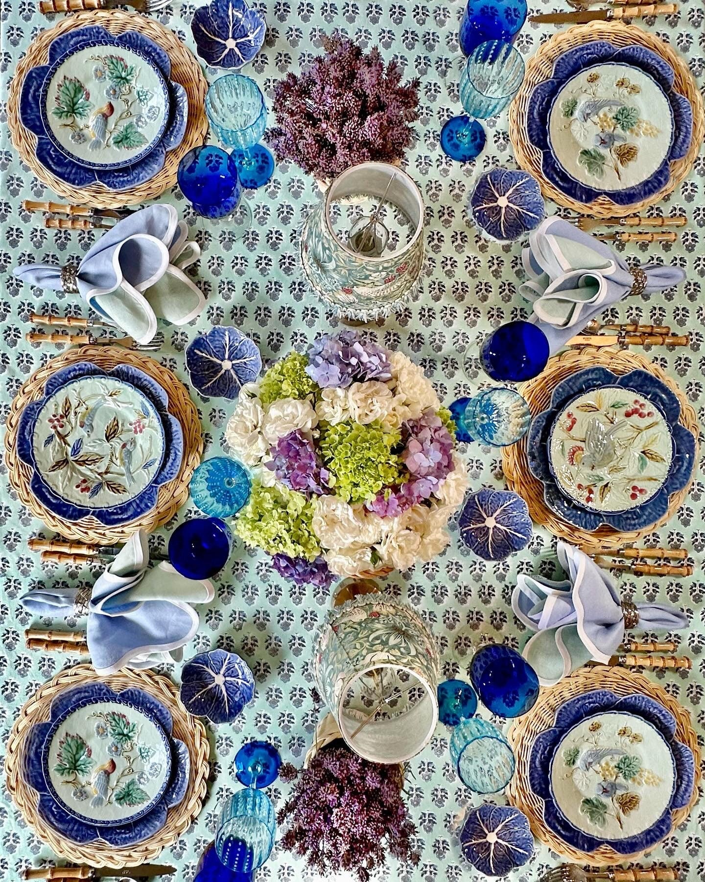 Poppy Blue Cotton Tablecloth on Farmhouse Kitchen Dining Table set for Lunch time