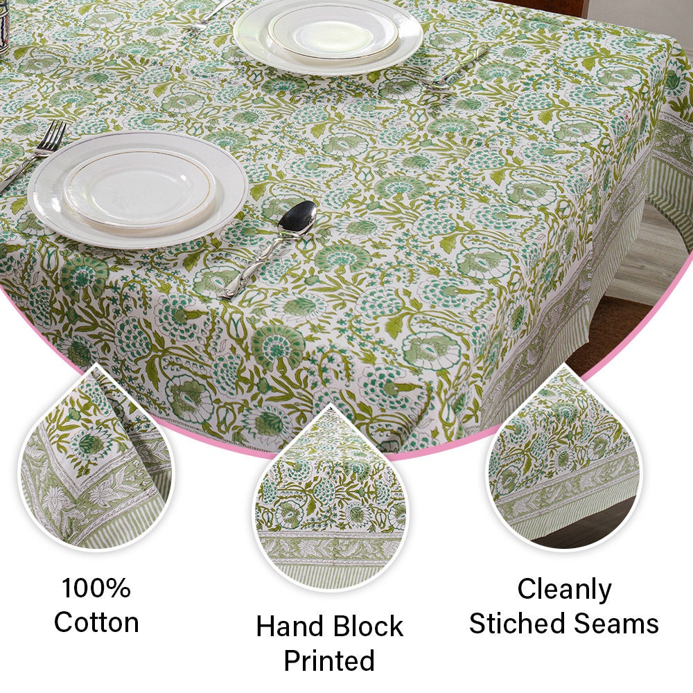 Agate Green  Hand Block Floral printed tablecloth in 100% pure cotton-4, 6, 8, 10,12 and14 seater dining table Wedding party home Event