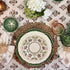 Table setup for dinner with cotton print club forest green tablecloth