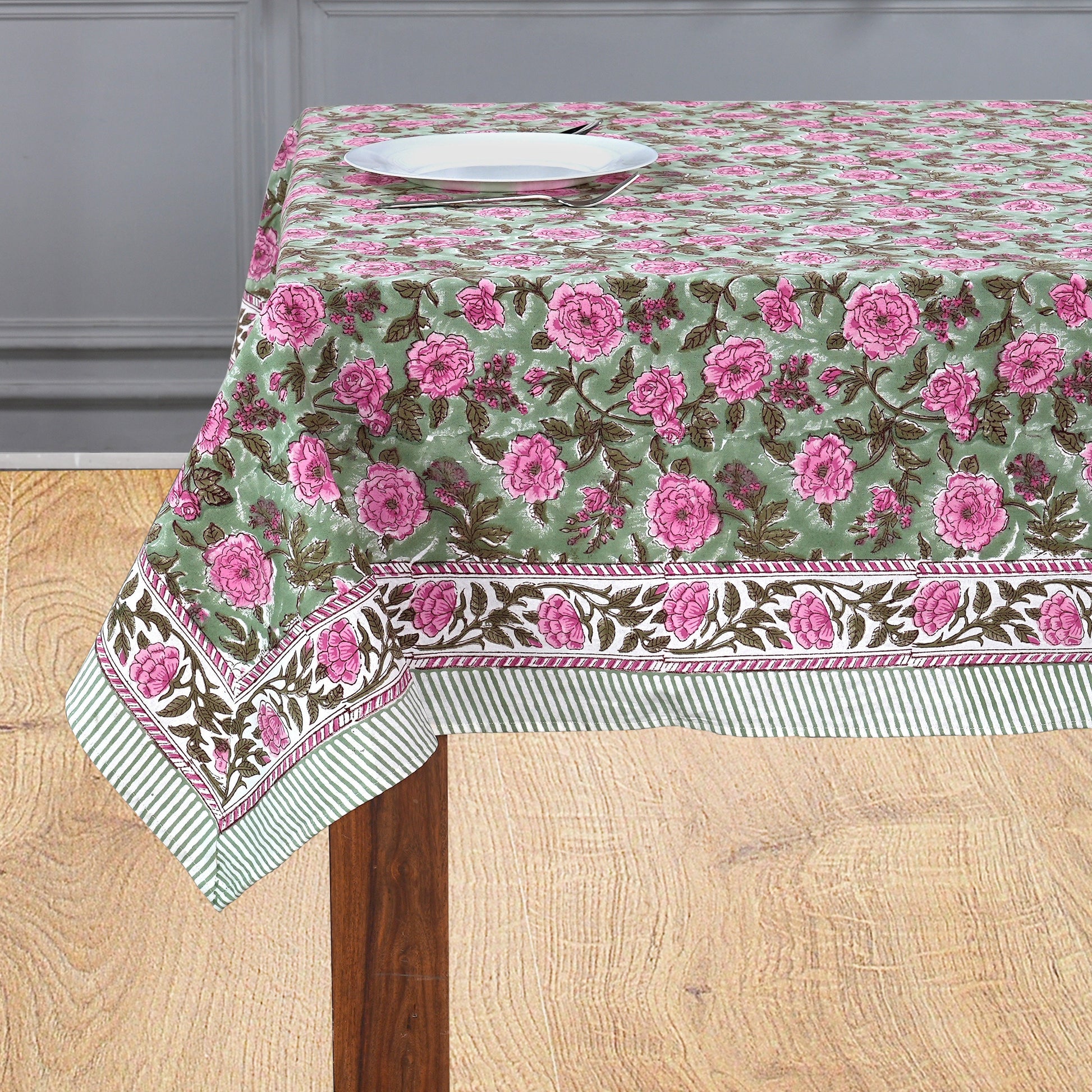 Pink Tourmaline Cotton Tablecloth on Farmhouse Table