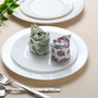 Rolled multicolor napkin on white plate with green foliage and fork.

