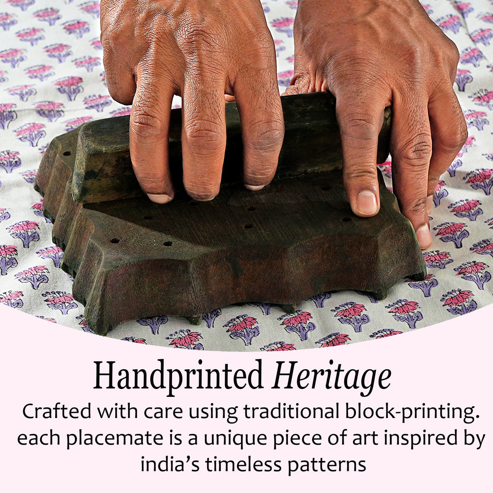 handblock printed Pink sapphire scalloped cotton placemat with floral stitching