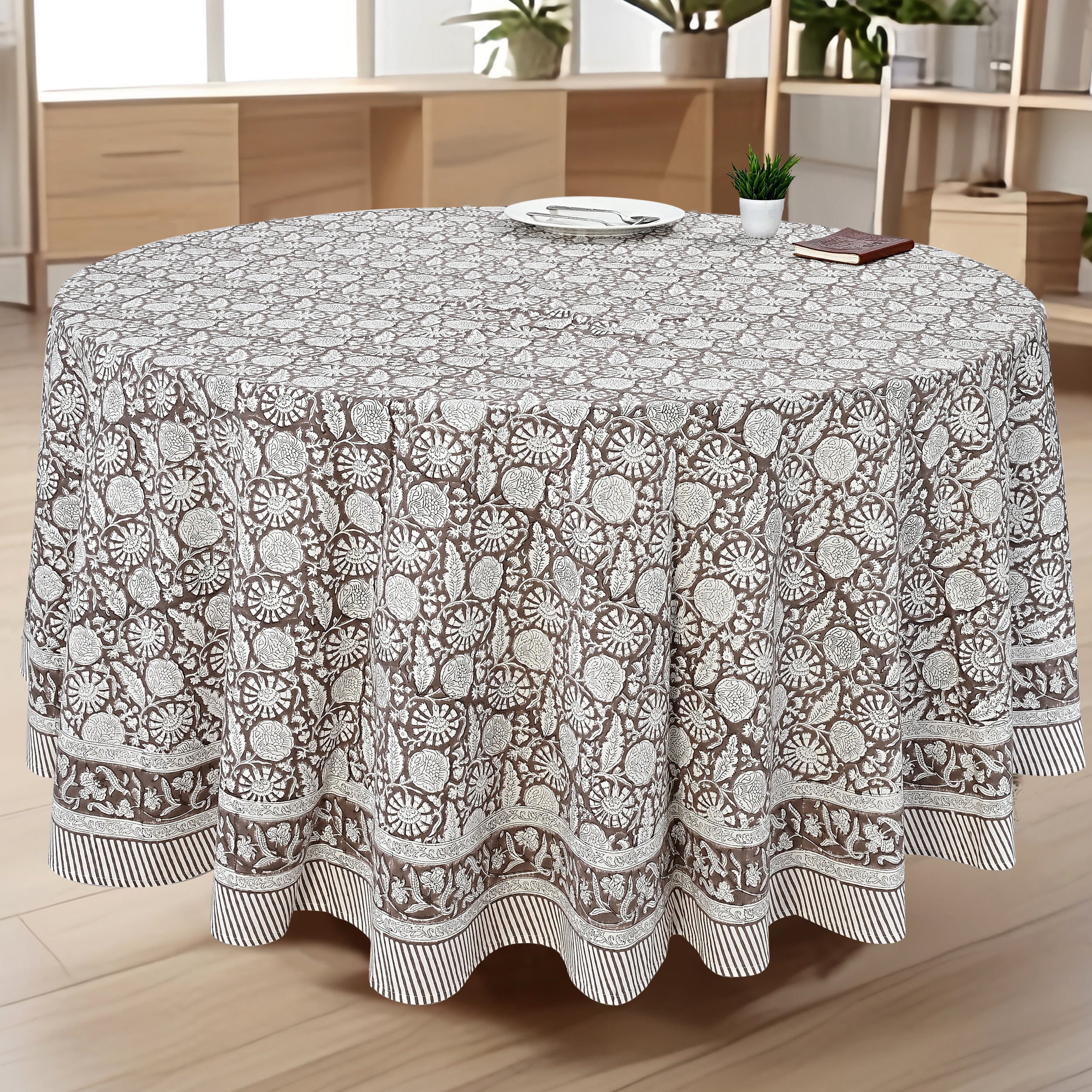 Round Block Print Tablecloth – Rustic Brown