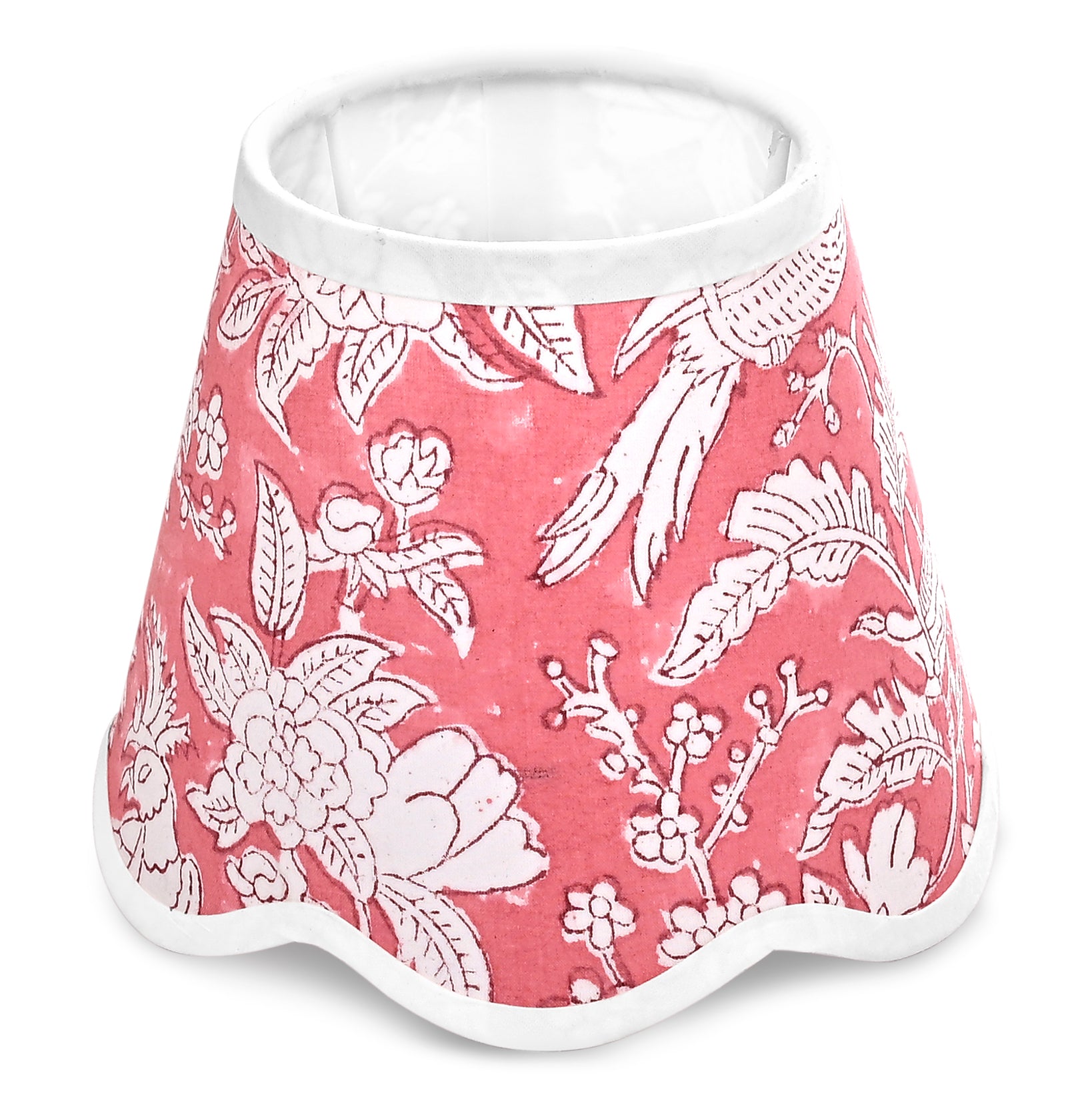 Hand Block Printed Cotton Lampshade – Scallop Floral Coral Pink