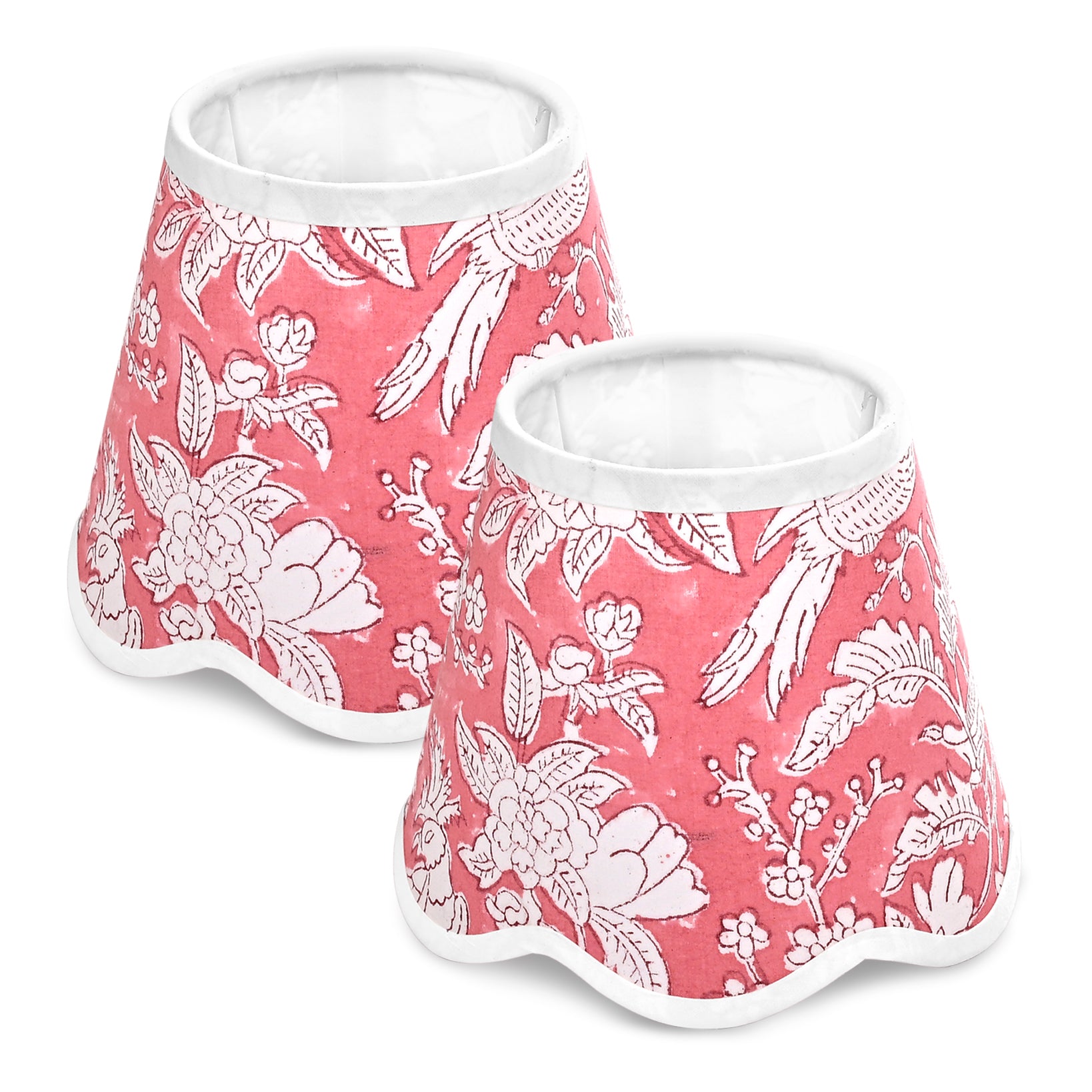Hand Block Printed Cotton Lampshade – Scallop Floral Coral Pink