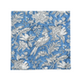 Close-up of detailed blue and white floral print cotton napkin.

