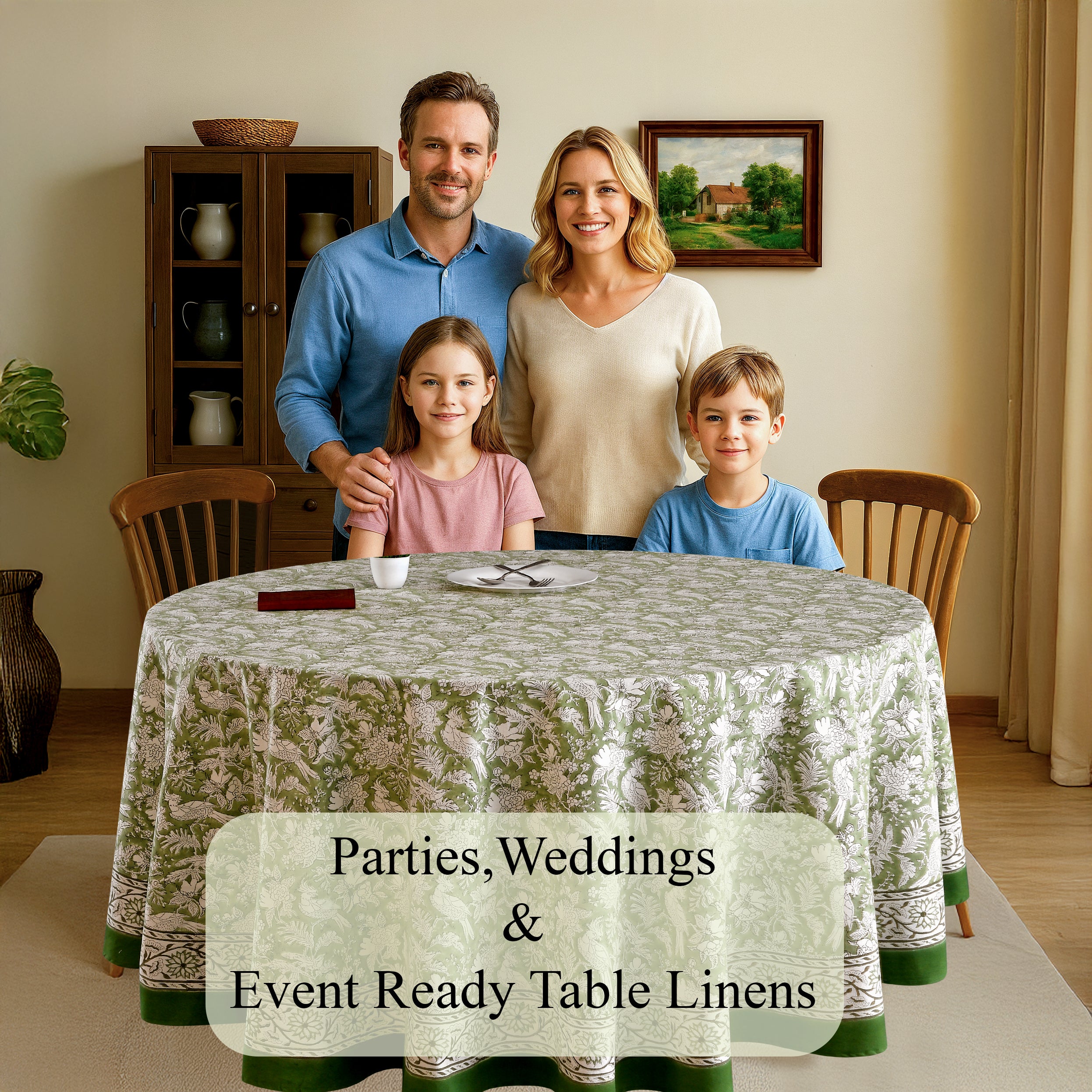 green and white round table cloth on round table with green border lining