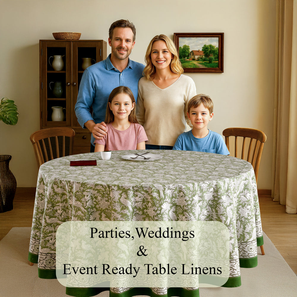 green and white round table cloth on round table with green border lining