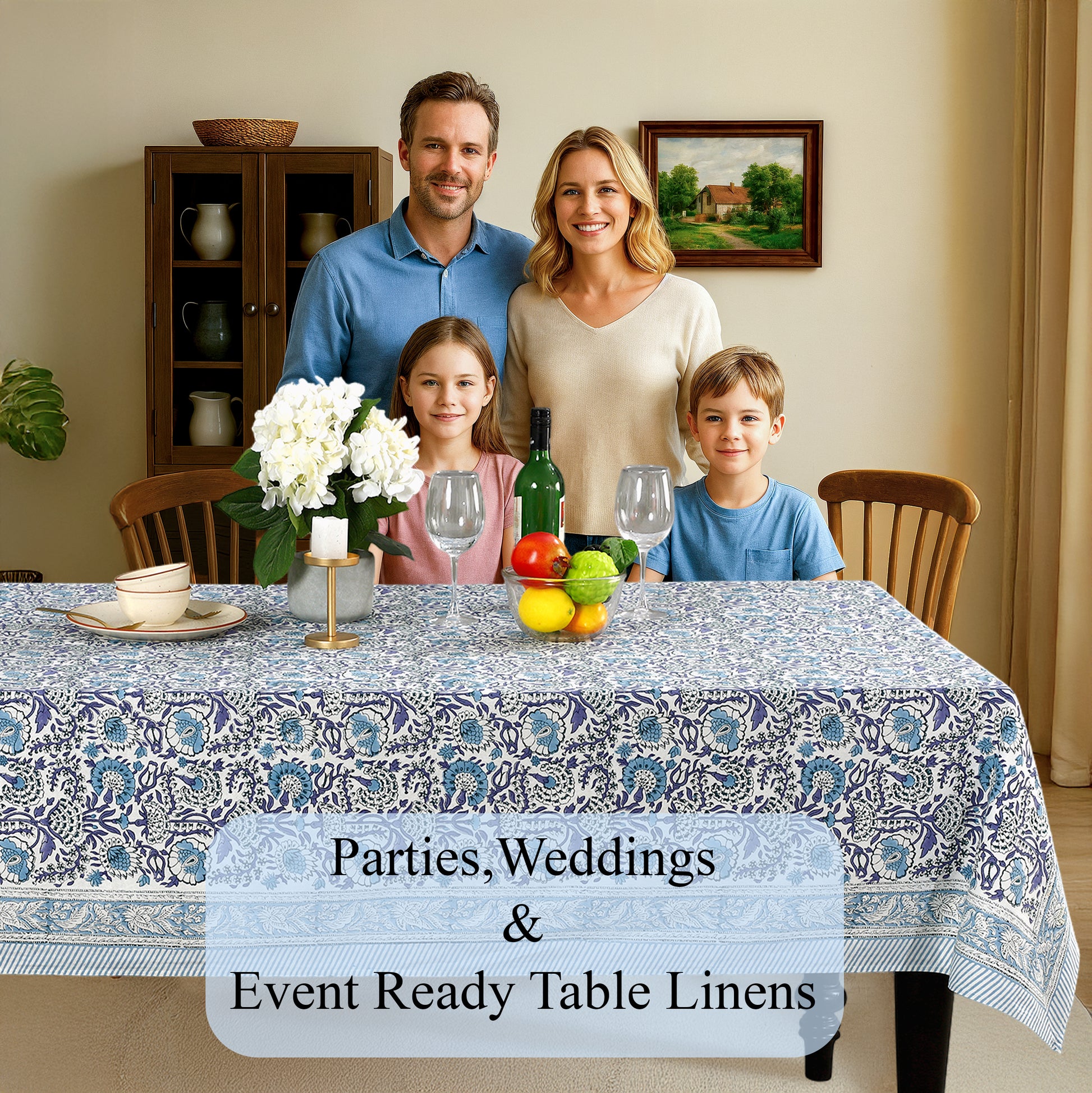 Indigo Blue 100% Cotton Tablecloth on Grand Millennial Table features handmade, indian block printing, machine washable