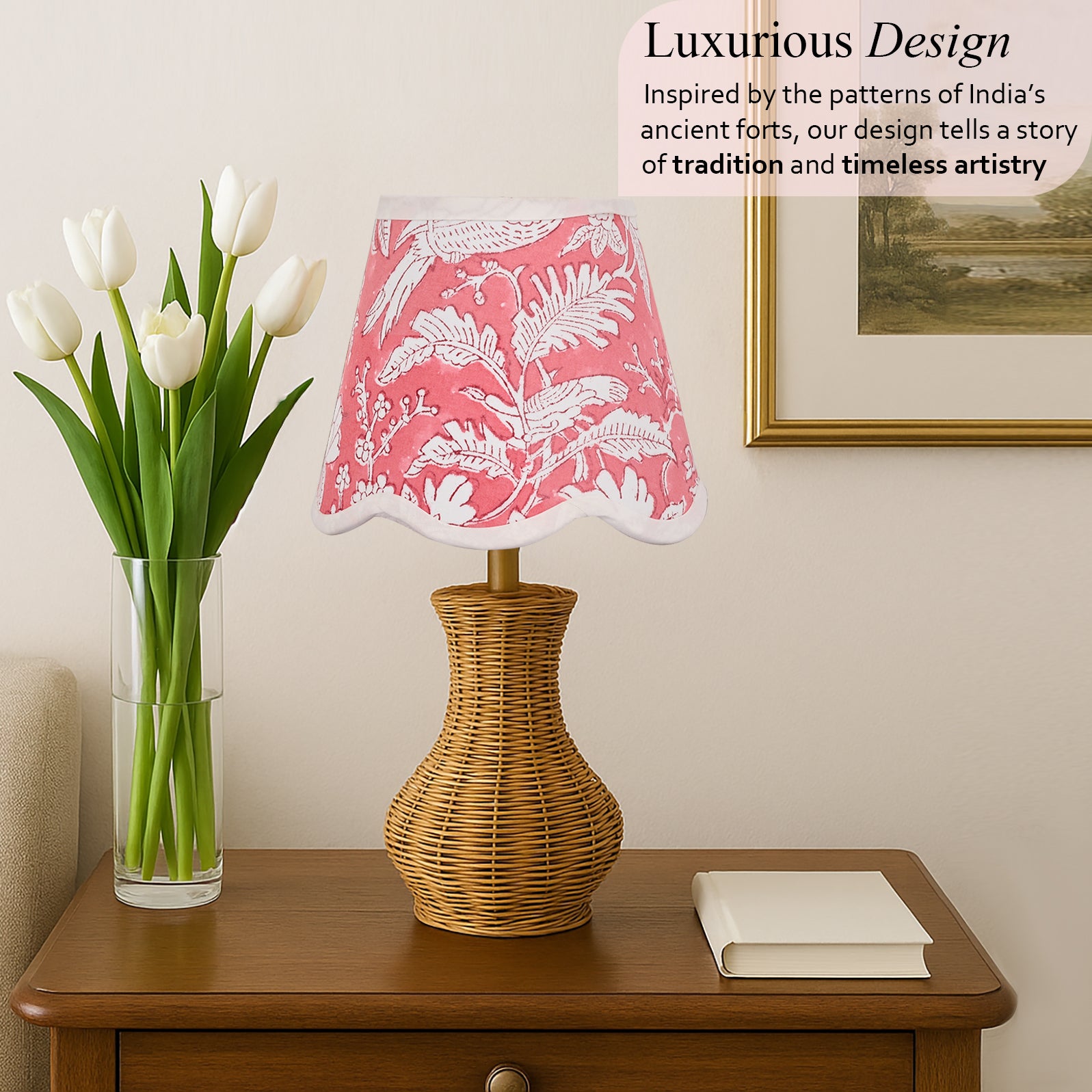 Hand Block Printed Cotton Lampshade – Scallop Floral Coral Pink