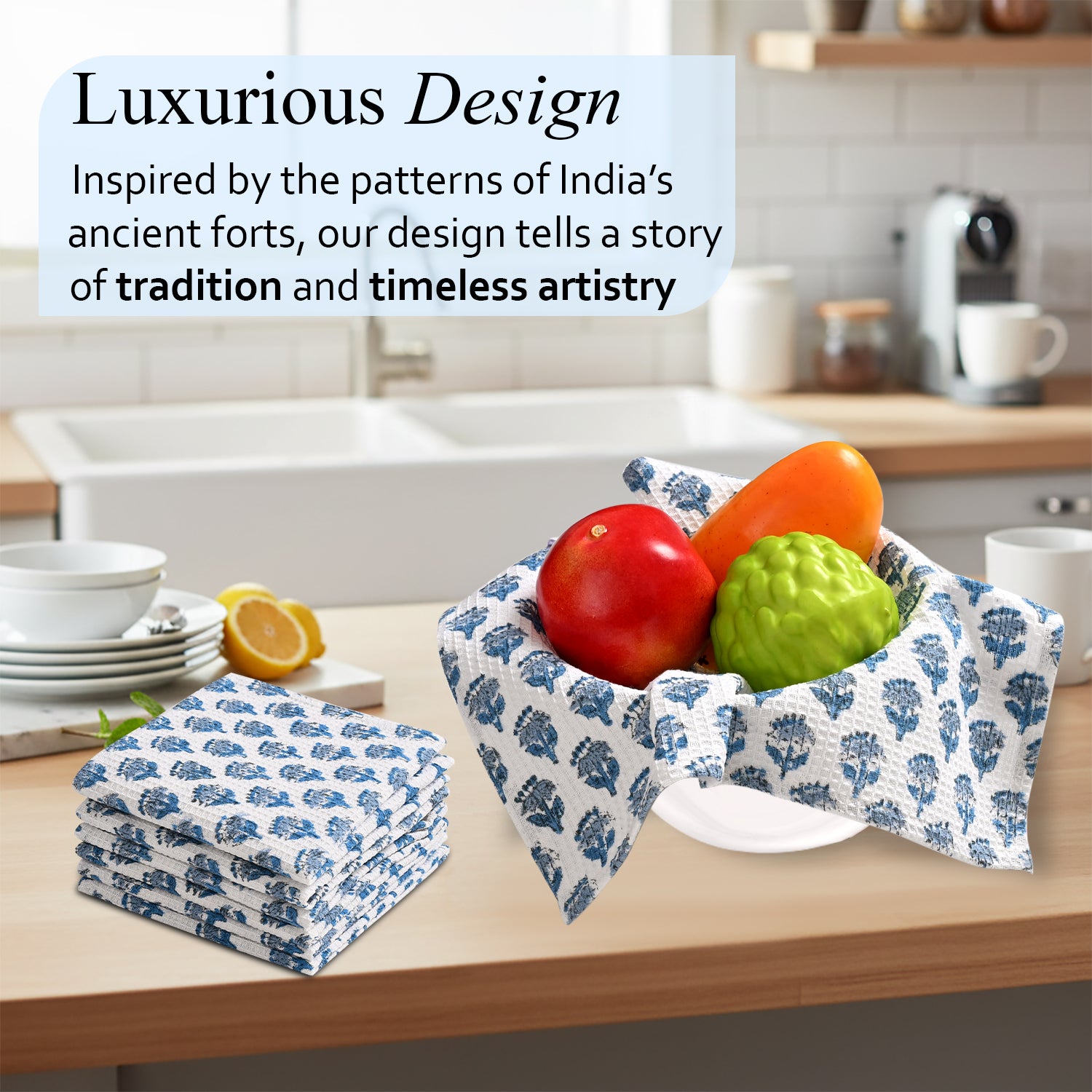 Hand Block Printed Waffle Kitchen Towels – Apatite Blue