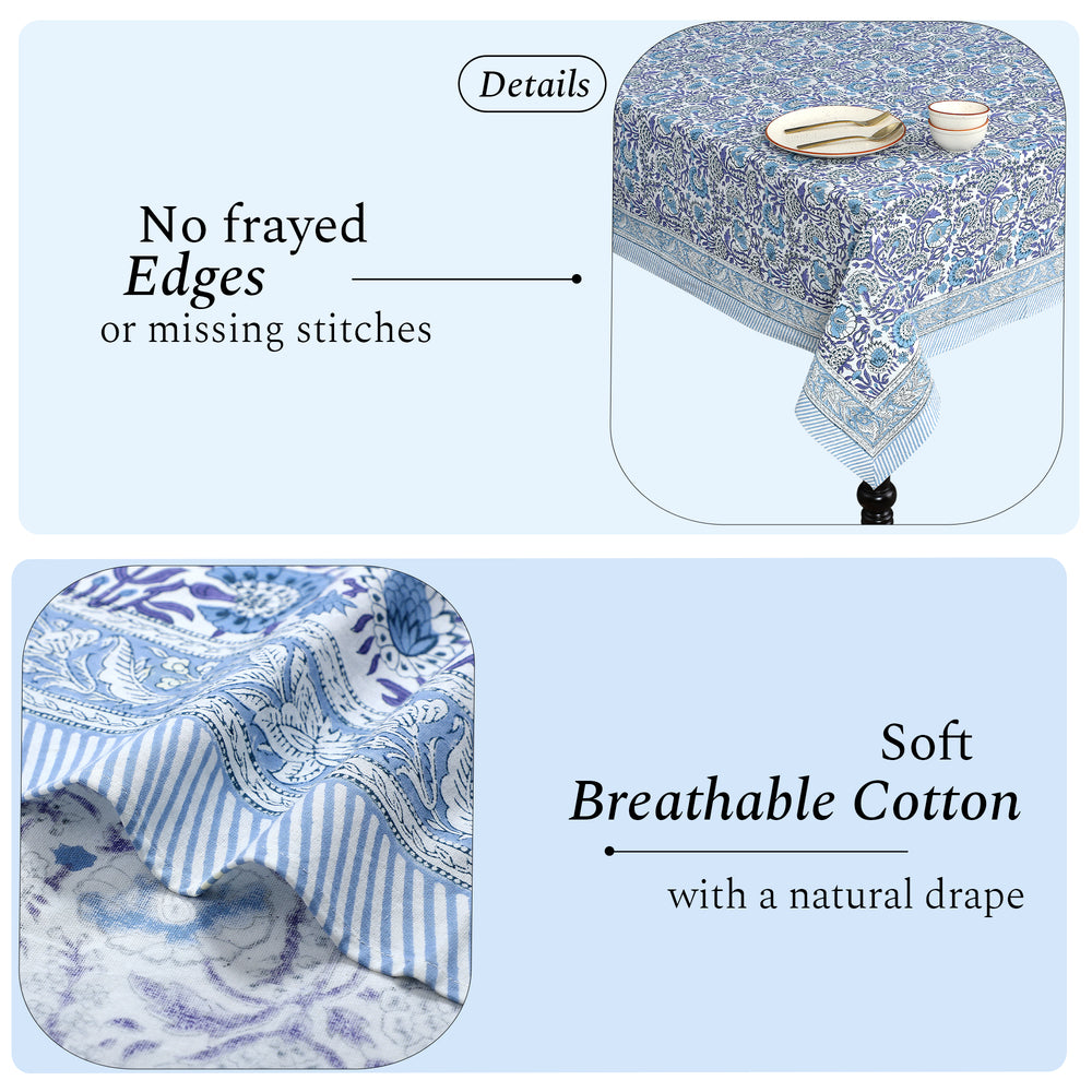 Indigo Blue 100% Cotton Tablecloth on Grand Millennial Table features handmade, indian block printing, machine washable