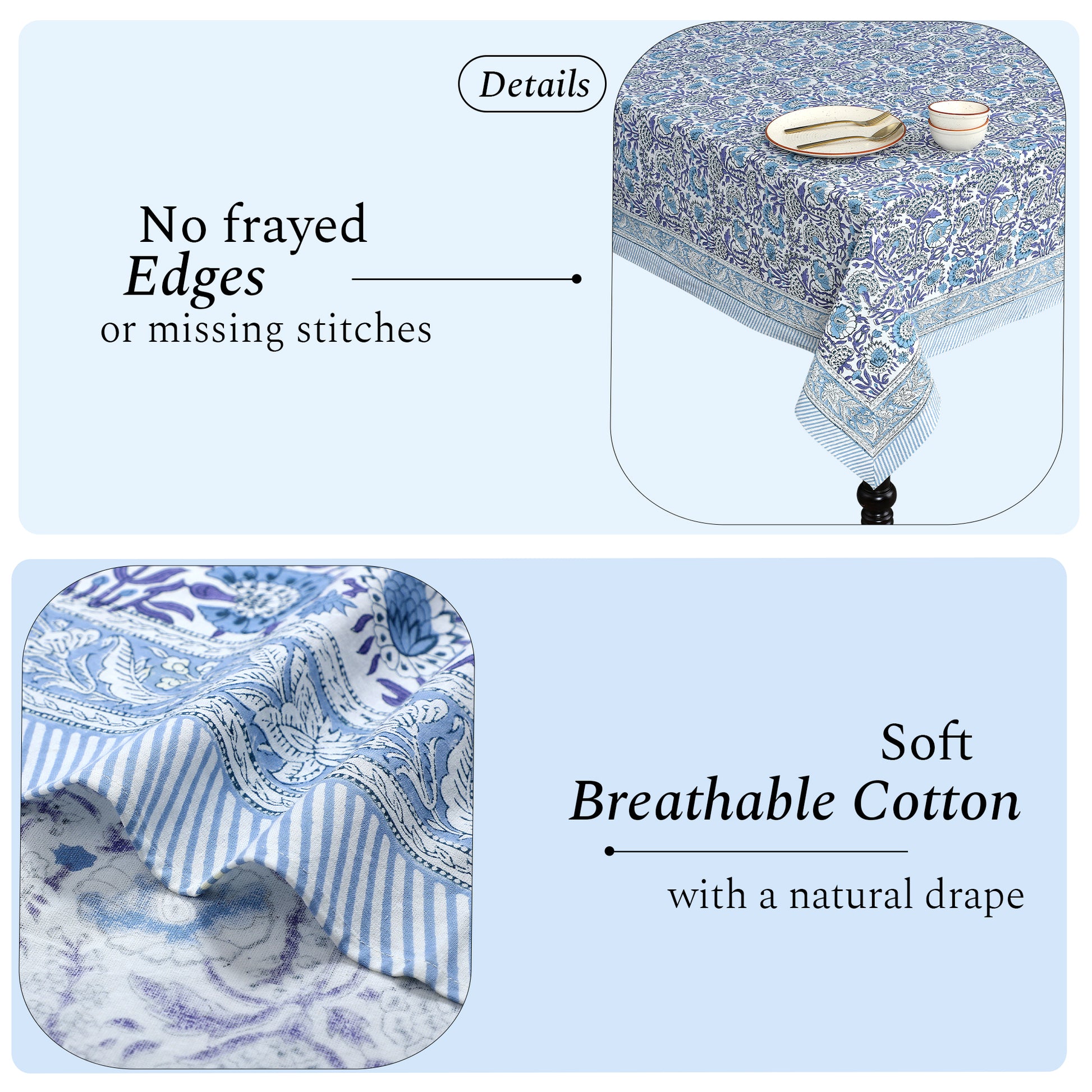 Indigo Blue 100% Cotton Tablecloth on Grand Millennial Table features handmade, indian block printing, machine washable