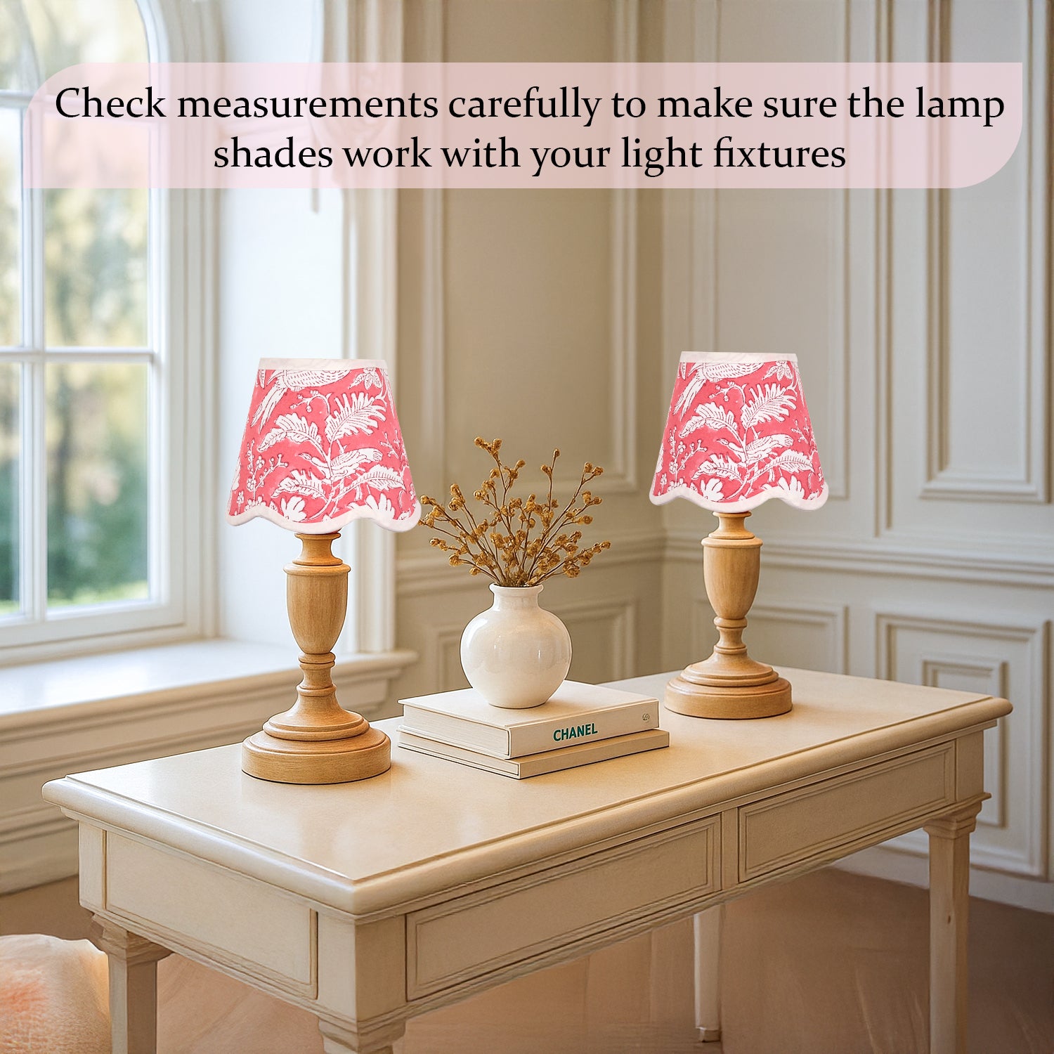 Hand Block Printed Cotton Lampshade – Scallop Floral Coral Pink