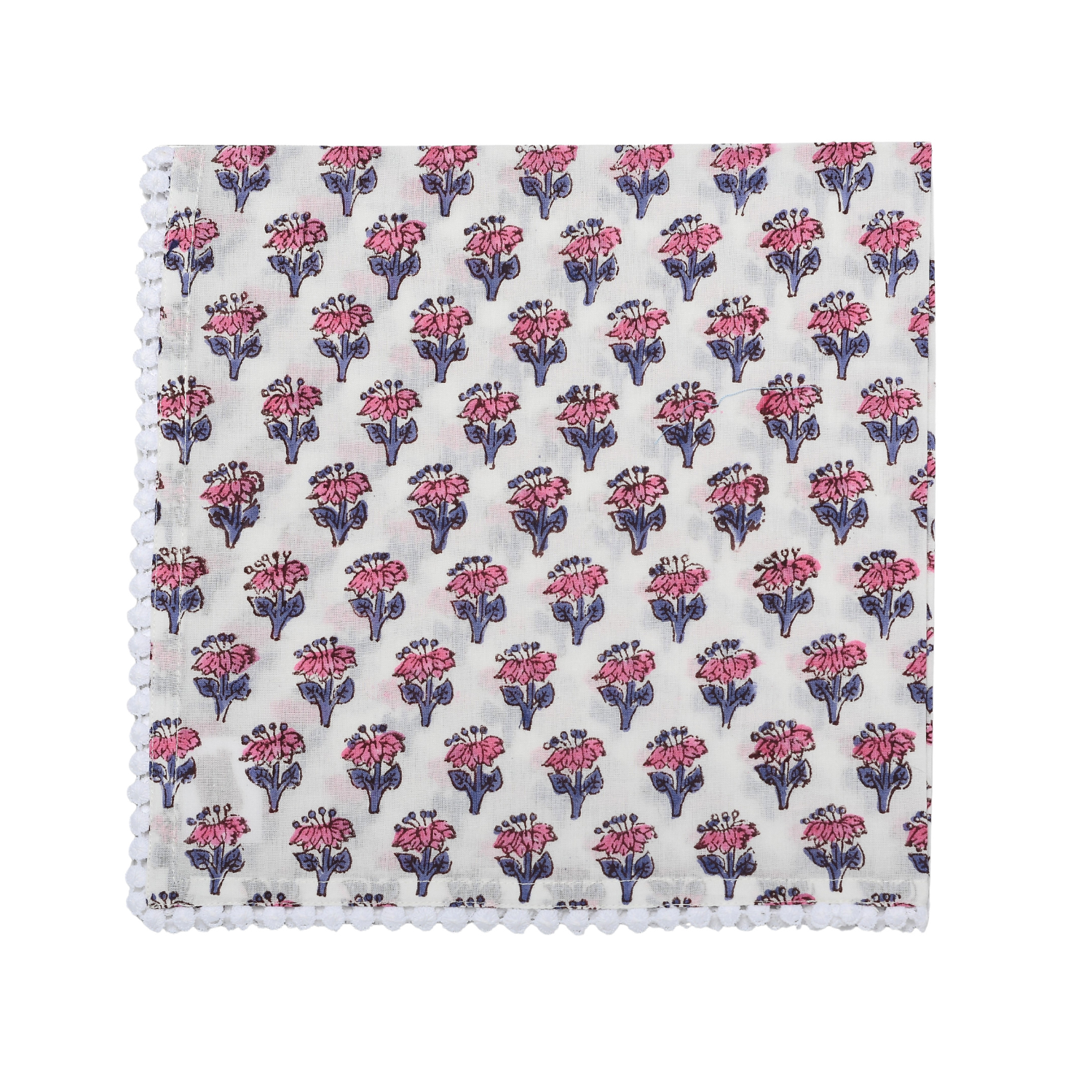Single flat lay of pink and white floral cotton napkin.

