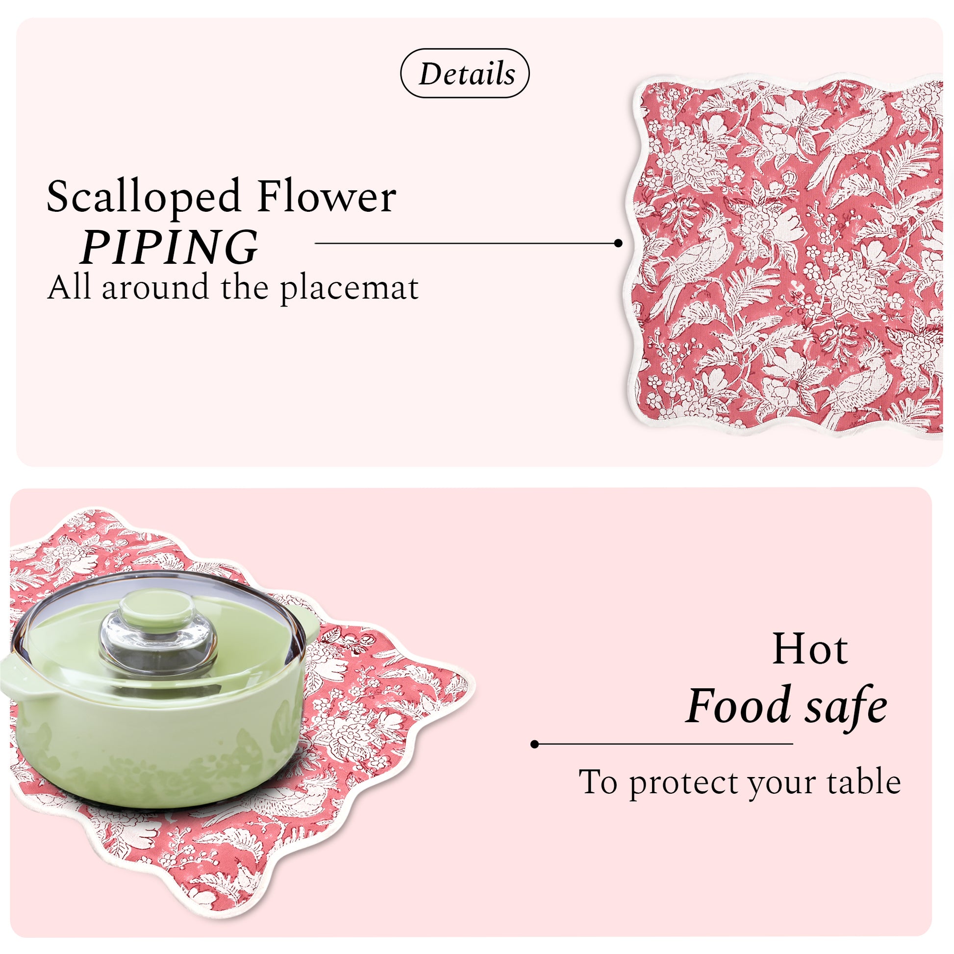 Rectangle 100% Cotton Reversible Placemat Set – Pink Coral
