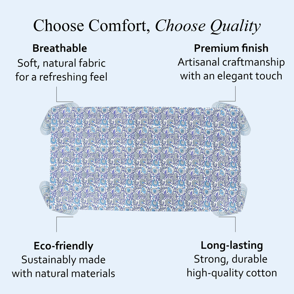Indigo Blue 100% Cotton Tablecloth on Grand Millennial Table features handmade, indian block printing, machine washable