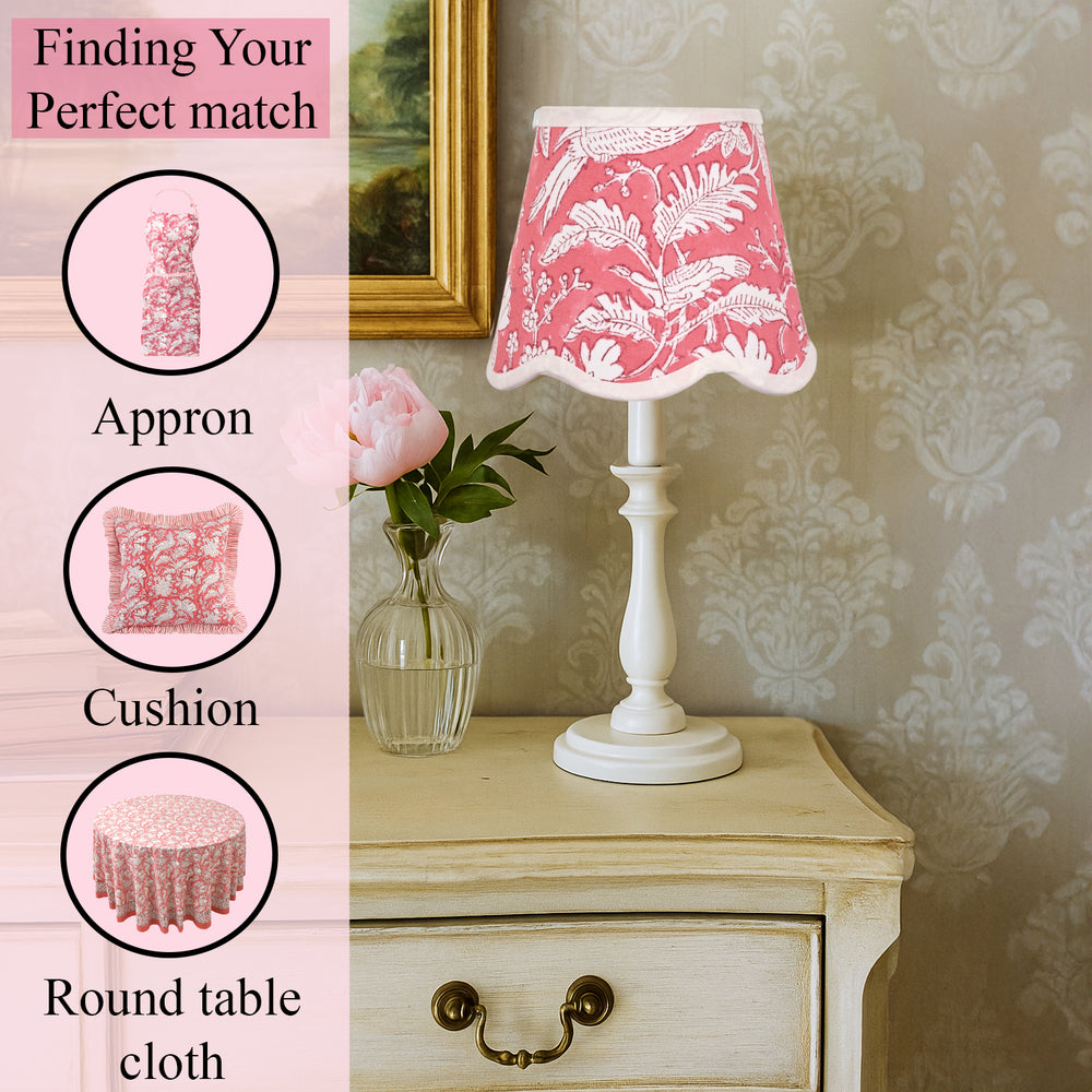 Hand Block Printed Cotton Lampshade – Scallop Floral Coral Pink